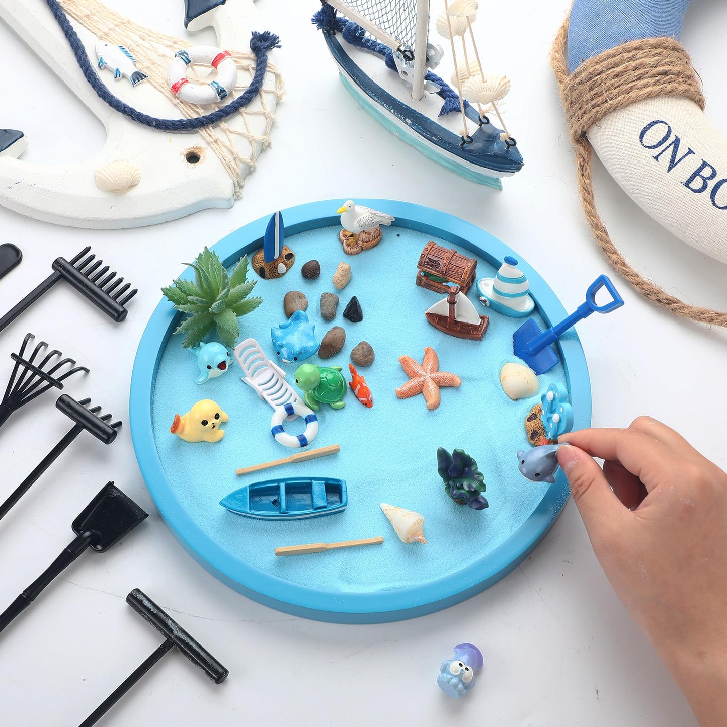 Halloscume Zen Garden Gift for Desk 36 Pcs Beautiful Japanese Beach Sea Decor Zen DIY Set with Ocean Decorative, Tools Blue Tray, Sand for Home, Office Desk Accessories (Including Gift Box)