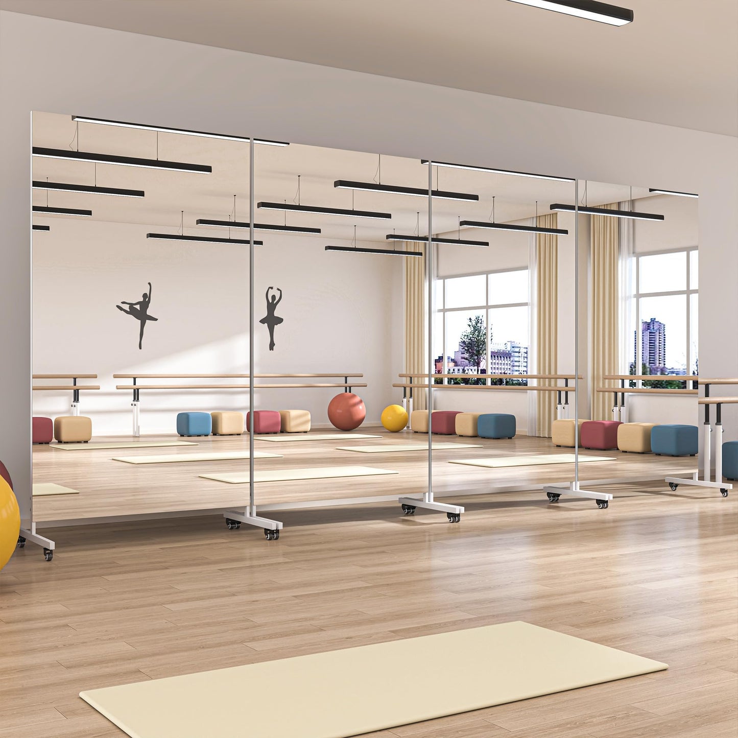 Hasipu Home Gym Mirror 360° Swivel on Wheels, 74.8" x 35.4" Extra Large Full Body Rolling Mirror for Yoga Studio, Bedroom, Dancing Studio, White
