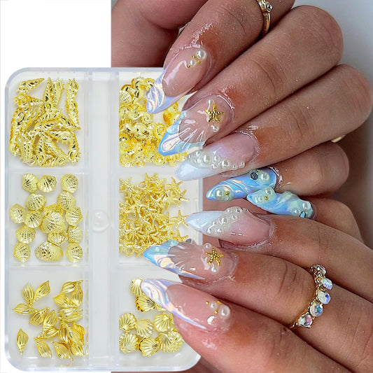 6 Grids Summer Ocean Nail Charms and Gems Marine Life Designs Nail Art Charms 3D Gold Starfish Seashell Nail Rhinestones Cute Conchs Seahorse Nail Jewelry Summer Beach Nails Decoration for Women