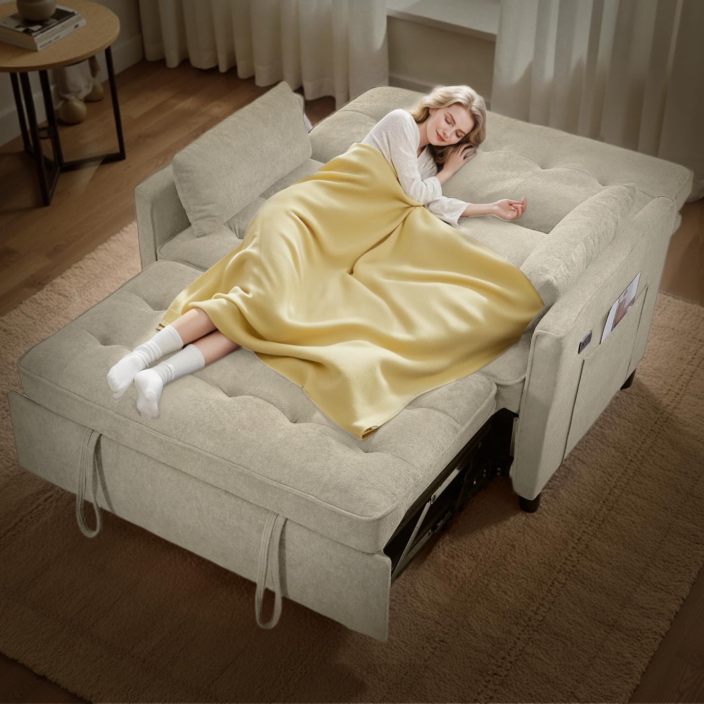 tiramisubest Convertible Sofa Bed, 3 in 1 Pull Out Couch, Loveseat Sleeper with Side Pocket, Living Room Sofa with Adjustable Backrest | USB Charging Port | Two Pillows | Fabric | Beige Couch