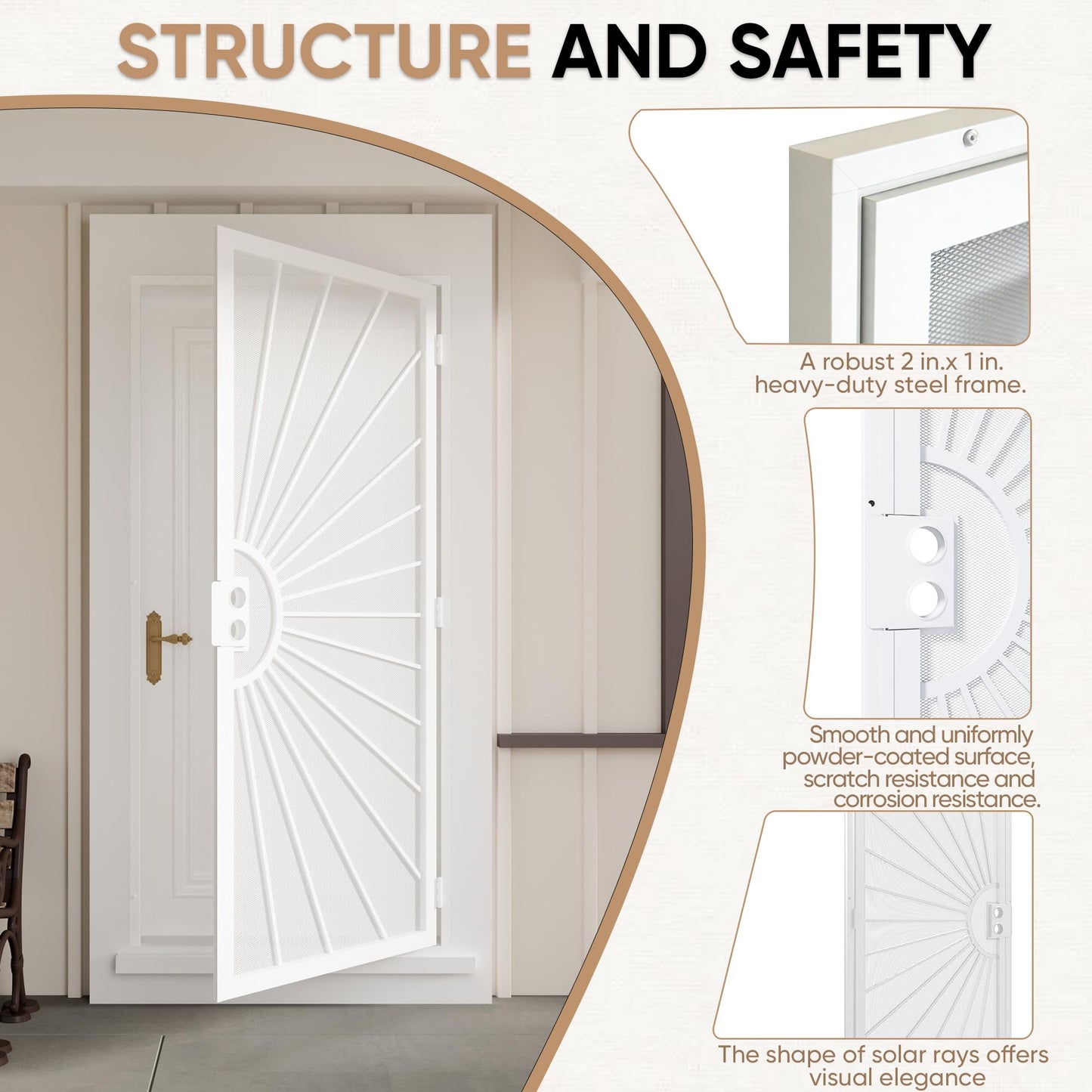 JUBEST 36 in. x 80 in. Security Door, Exterior Front Entry Door, Outswing Steel Security Door with Metal Screen, Powder Coated White, No Lock