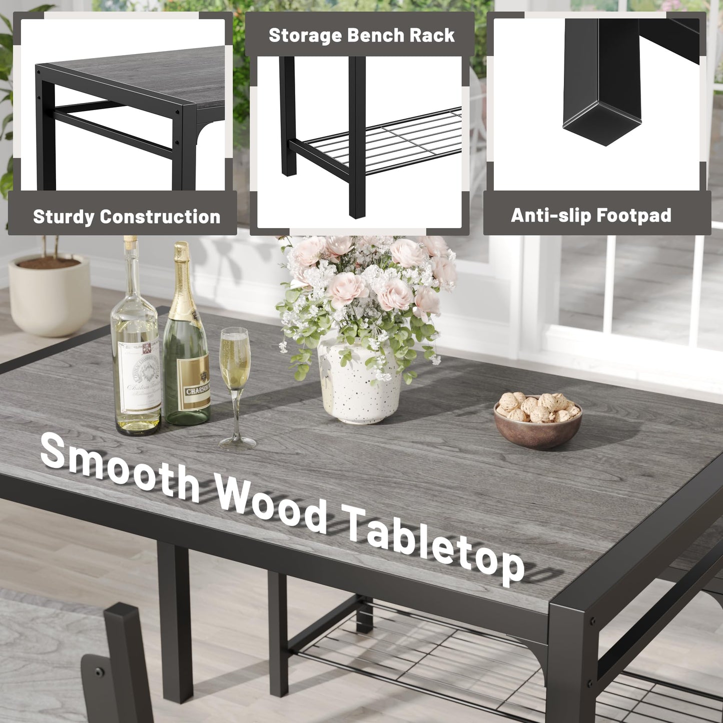 JUMMICO 43.3" Dining Table Set for 4, Kitchen Table with Bench & 2 Chairs Modern Rectangular Metal Frame Dining Furniture Set for Small Space (Grey)