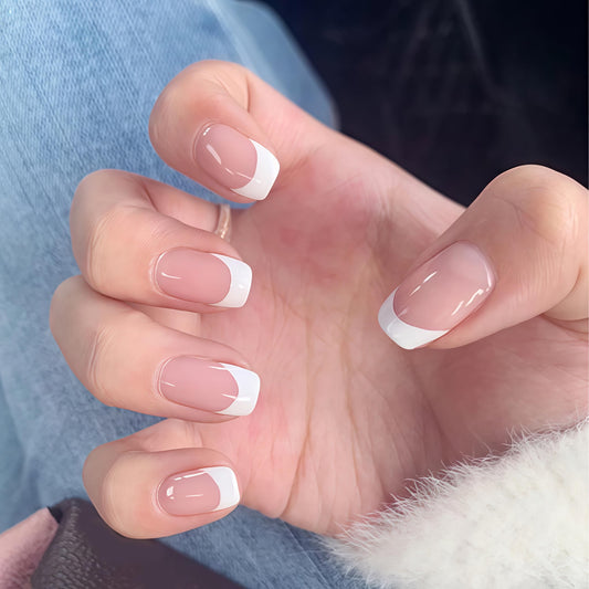 White French Tips Press on Nails Medium Square Spring Summer French Designs Glossy Acrylic Artificial Fake Nails for Women Girls Daily Wear Manicure Decoration 24Pcs