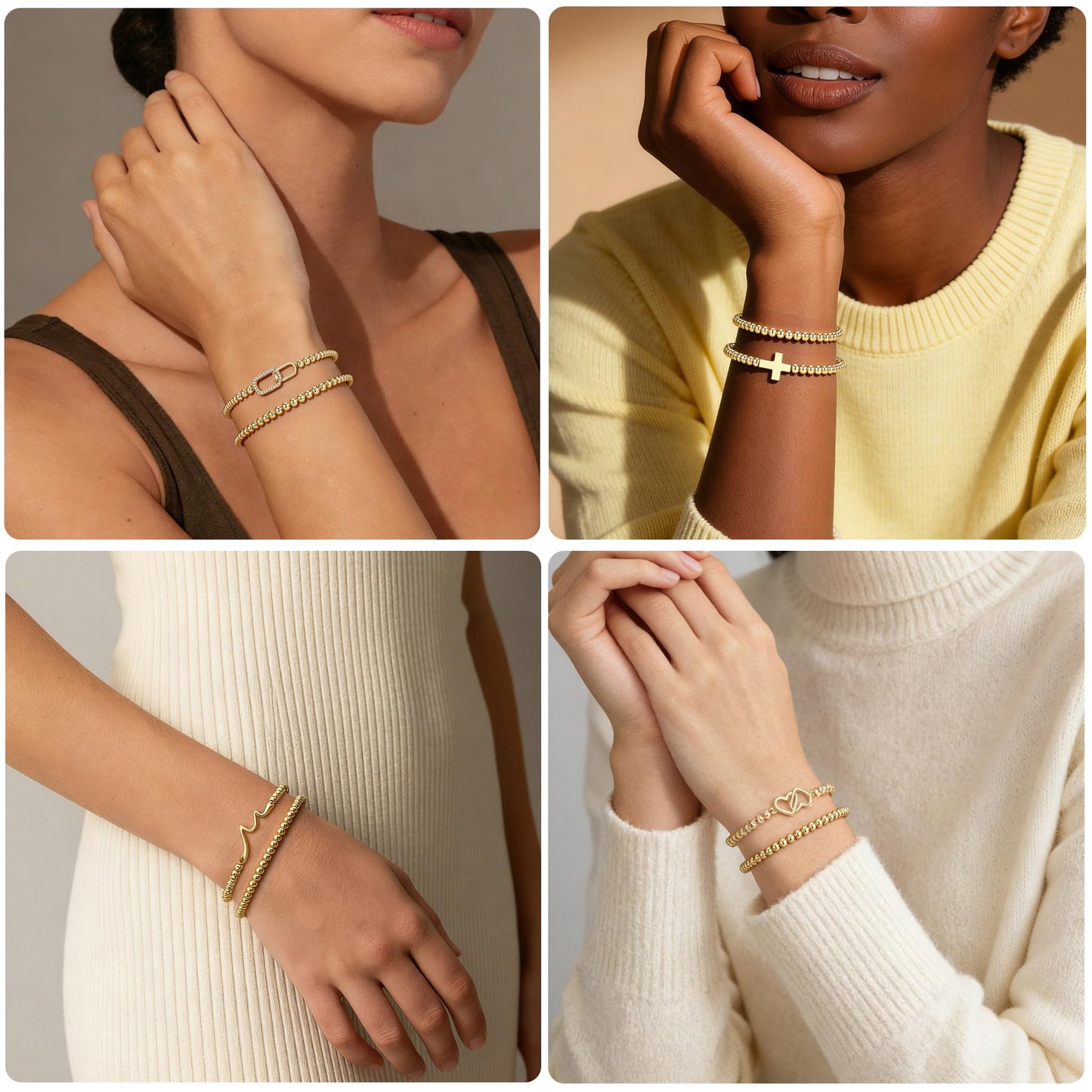 Gold Beaded Bracelets for Women 14K Gold Zirconia-square Bracelet Handmade Stackable Bracelets for Women Trendy Non Tarnish Bracelet Jewelry Gift for Womens 2Pcs (04.Zirconia-square+Beaded (Gold))