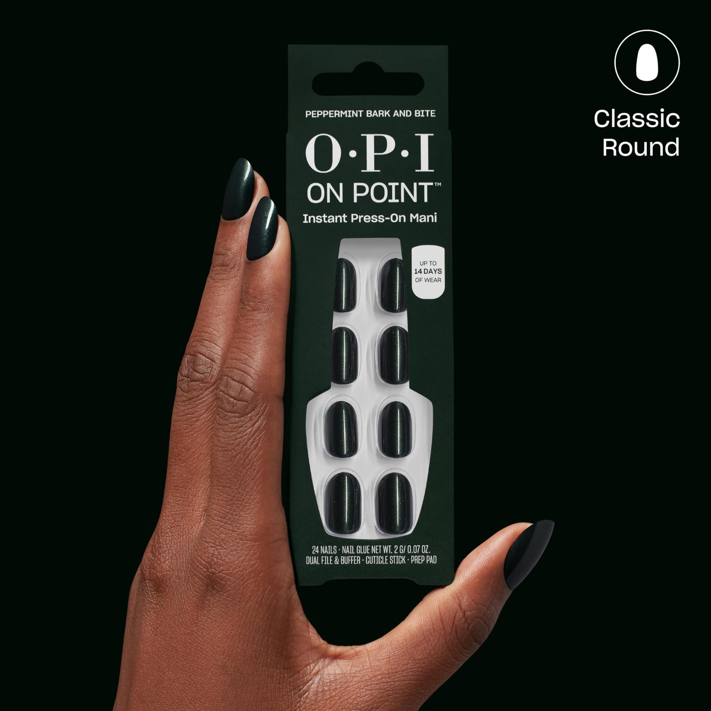 OPI On Point Peppermint Bark and Bite | Short Round Dark Green Silver Shimmer Press On Nails | 24 Count with Nail Glue | Long Lasting, Reusable, Non-damaging | Fall 2025 Shades