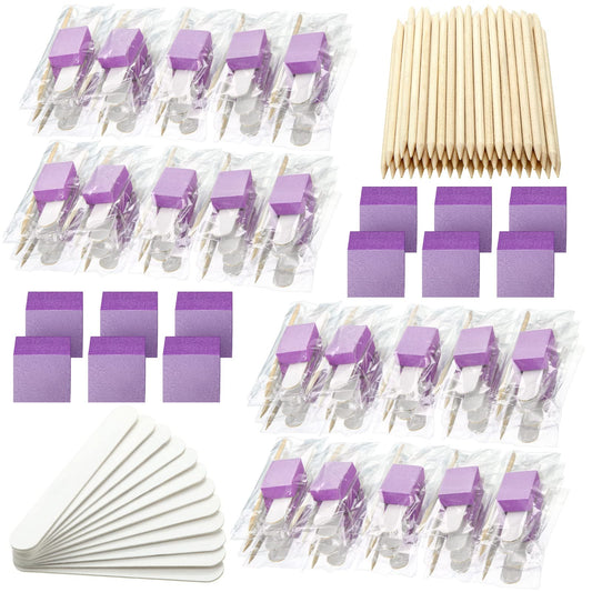Leelosp 120 Sets Disposable Manicure Kit Basics 3 Pieces Nail Kit, White Wood Nail File 180/180 Grit, Purple Mini Buffer 100/100 Grit, Individually Packed Mini Pedicure Set for Fingernails Toenails