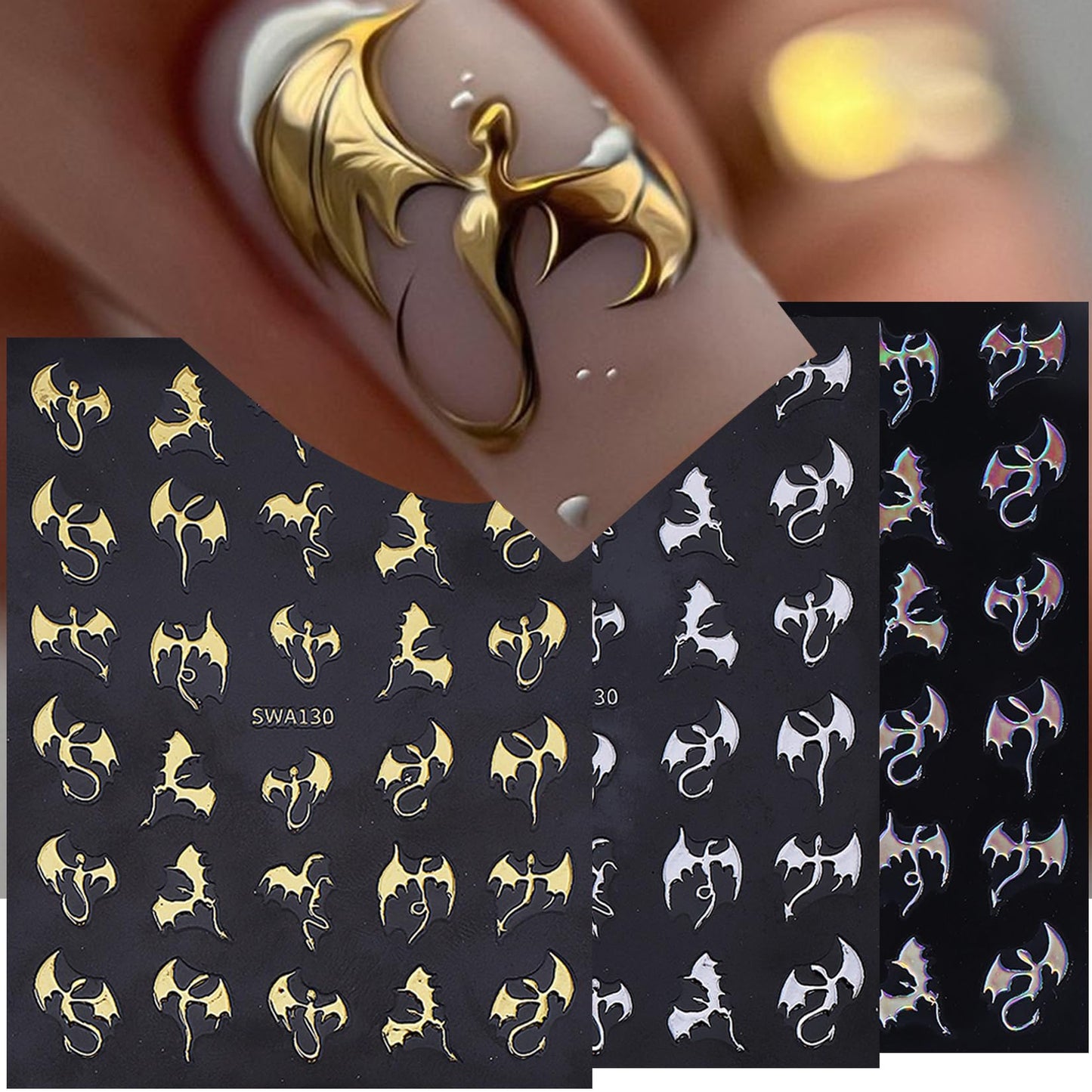 Gothic 5D Nail Art Stickers 10 PCS Embossed Skeleton Y2K Nail Decals Golden Rose Gold White Bone Skeleton Designs Goth Bat Self Adhesive Sliders Nail Art Decoration Manicure Accessories for DIY Party