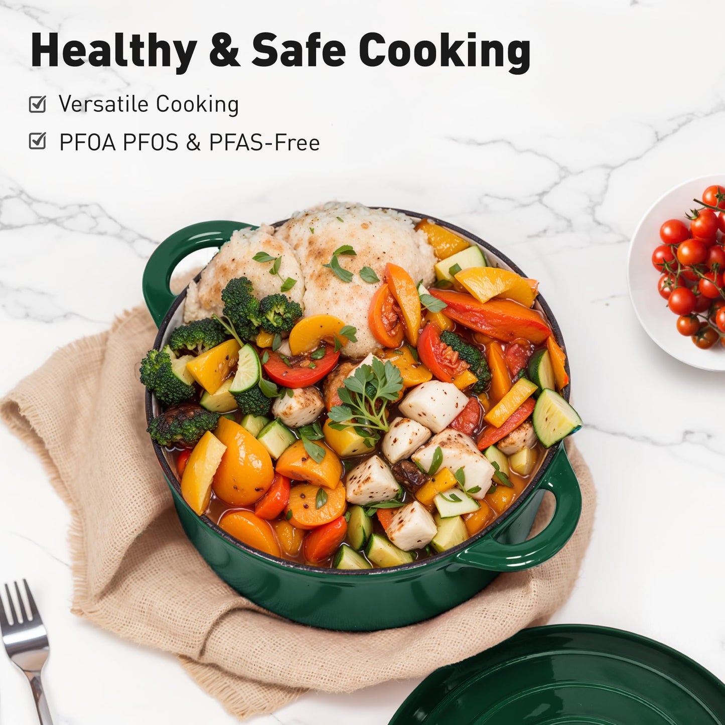 MAISON ARTS Enamel Cast Iron 7 Piece Cookware Set, Dutch Oven Pot with Lid, Emerald Non Stick Pots and Pans set, Oven Safe up to 500°F