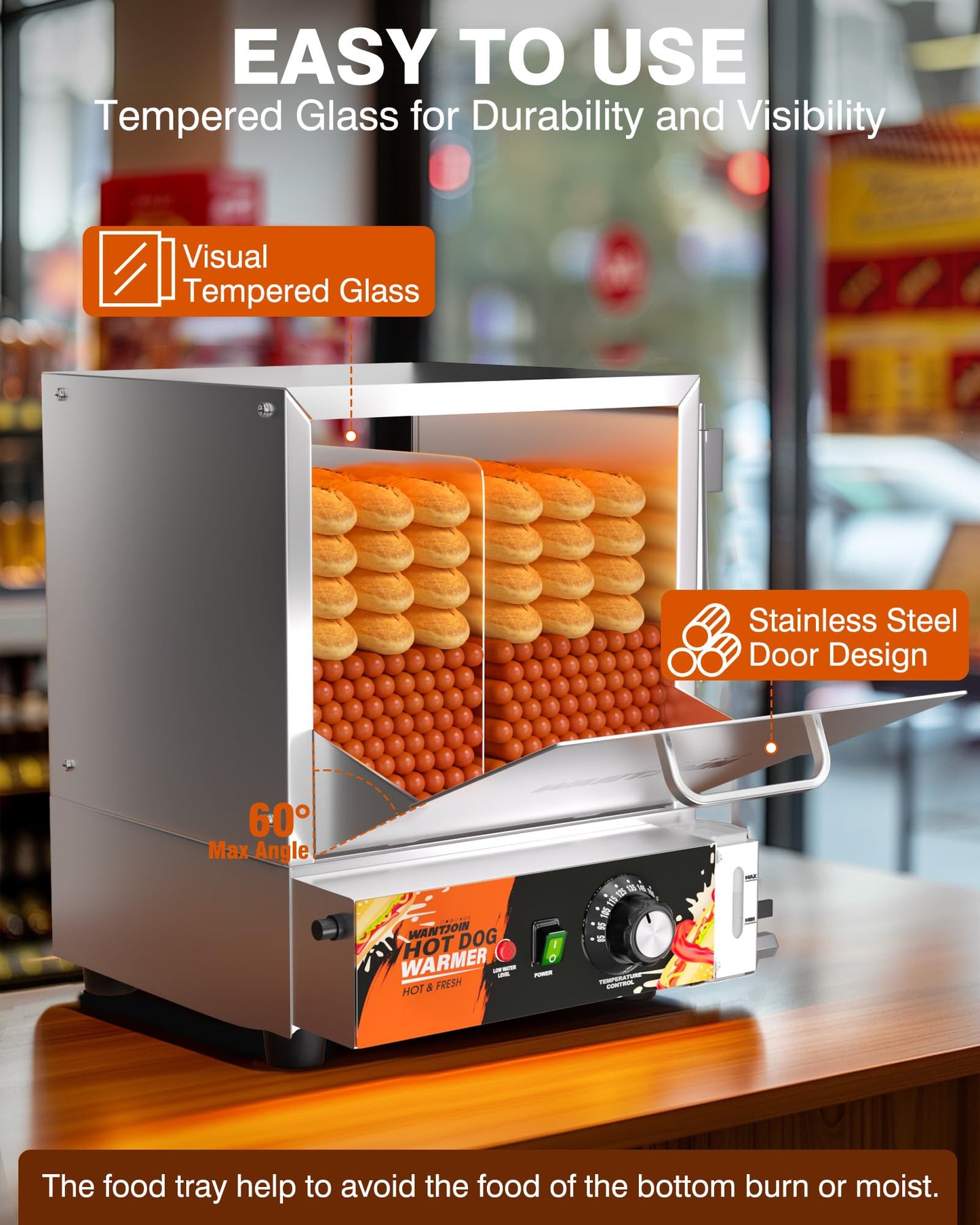WantJoin Commercial Hot Dog Steamer - 28.8QT Stainless Steel Electric Hotdog Steamer Machine with Bun Warmer, Tempered Glass Steamer Machine for 95-105 Sausages & 30-40 Buns