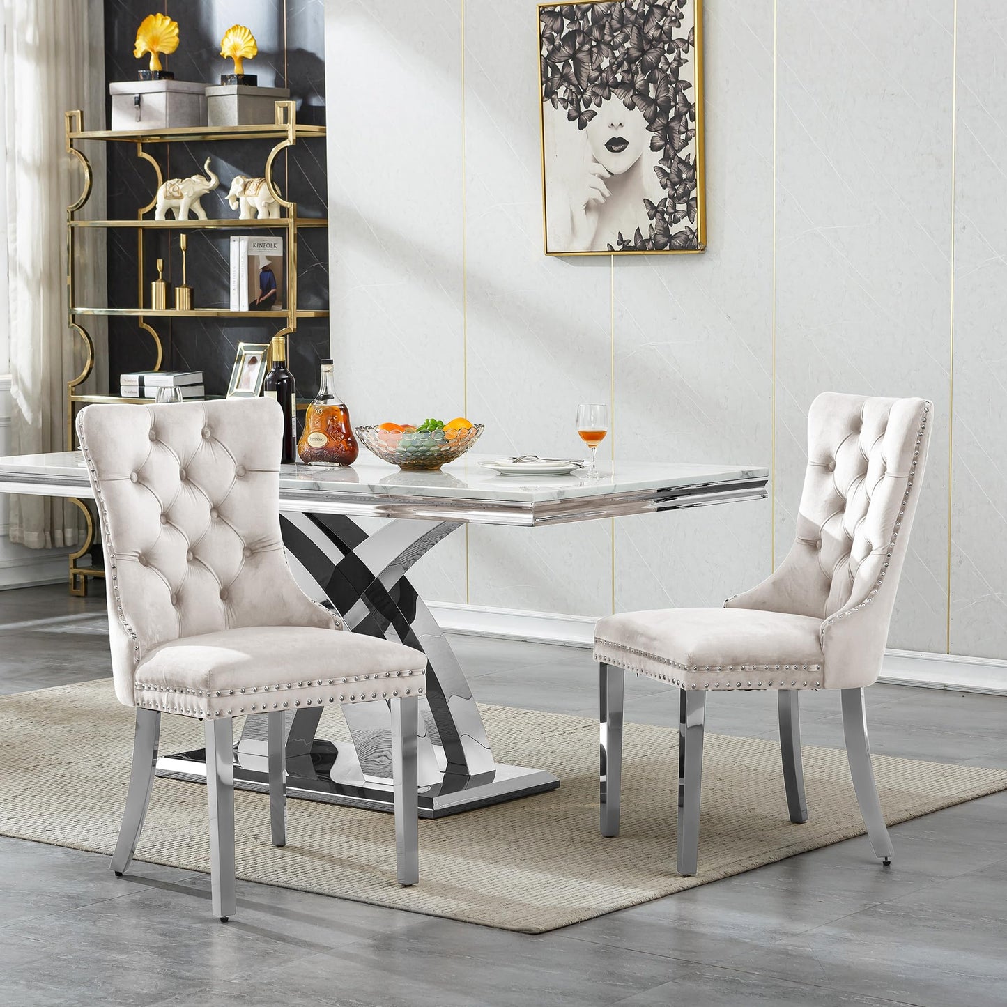 Pvillez 68.11" Marble Dining Table Set, White Dining Table with 6 Beige Velvet Chairs, Rectangle Kitchen Table and Chair Set with Silver Stainless Steel Base, Luxury 7 Piece Dining Set for Kitchen