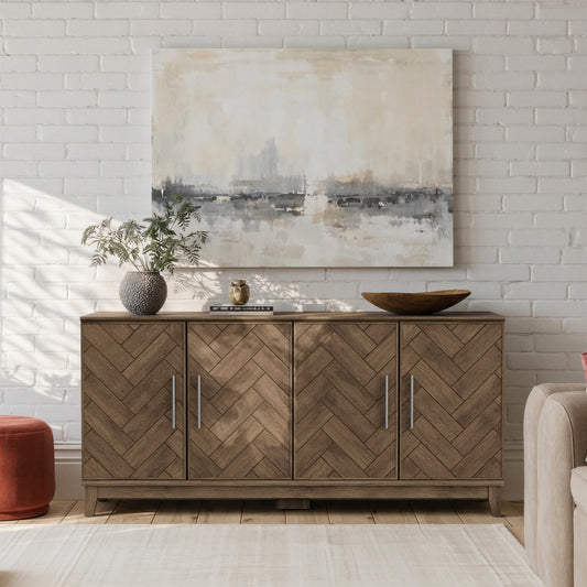 Lab Cosi 62.9" Sideboard Buffet Cabinet with Storage, Herringbone Wood Credenza with 4 Doors, Wood Coffee Bar Table Console for Hallway, Dining Room, Living Room, Kitchen