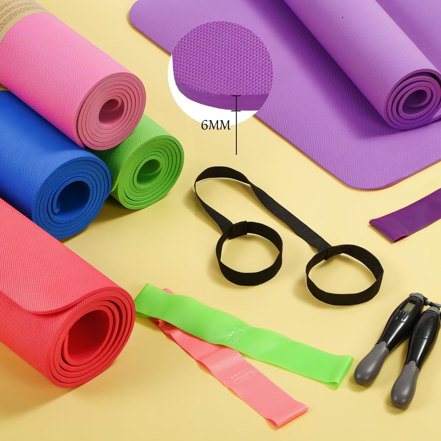 Hoolerry 36 Pieces Yoga Mats Sets Includes 12 Pcs Yoga Mats Bulk 68” x 24” x 6mm Thick Exercise Mat Non Slip 12 Resistance Bands 12 Carrying Straps for Women Girls for Gym Pilates(Bright Colors)