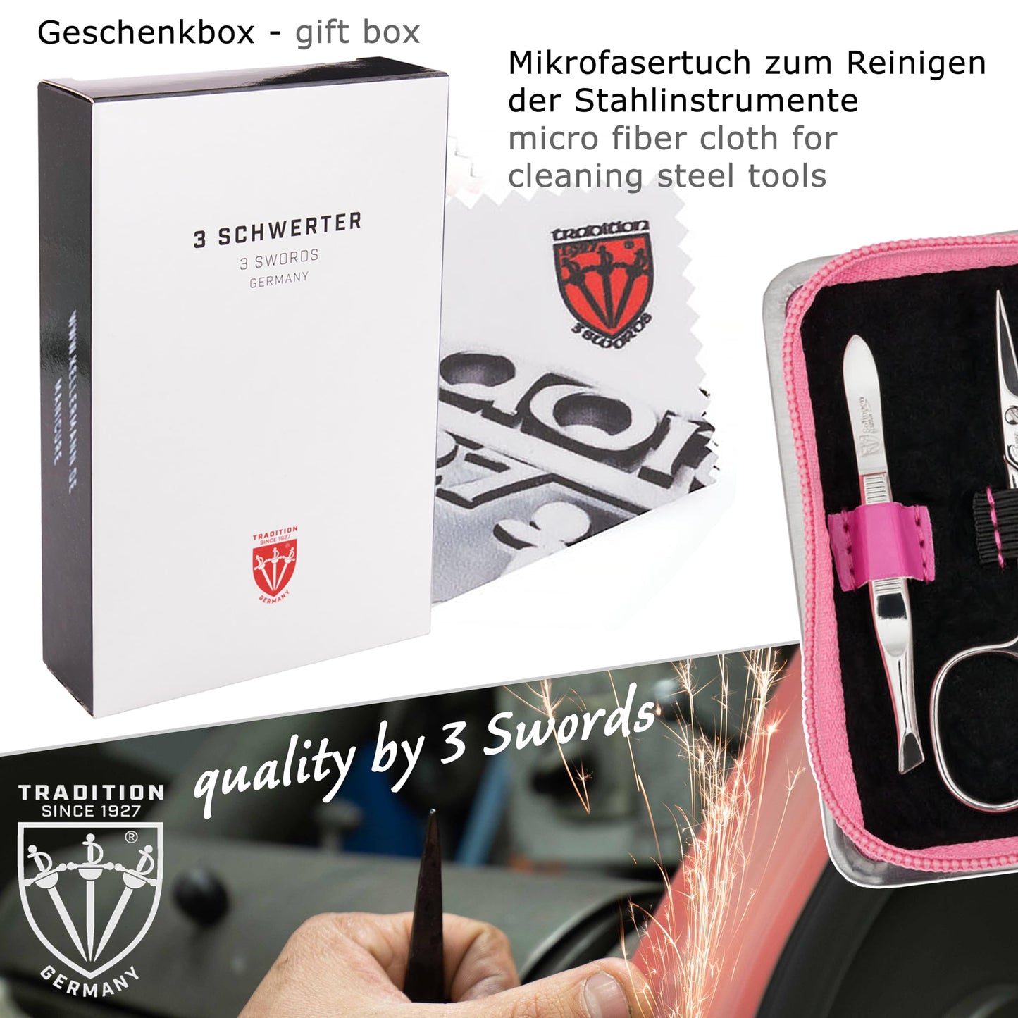 3 Swords Germany - brand quality 6 piece manicure pedicure kit set for professional finger & toe nail care with synthetic leather case - Made in Germany - pink