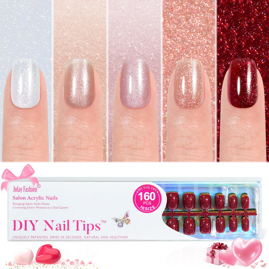 Press on Nails Short 5 Styles, Jofay Fashion 160Pcs Valentines Nails Red Press on Nails, Square Glitter Fake Nails with Designs, Reusable Glossy Acrylic False Nails Glue on for Women 16 Sizes
