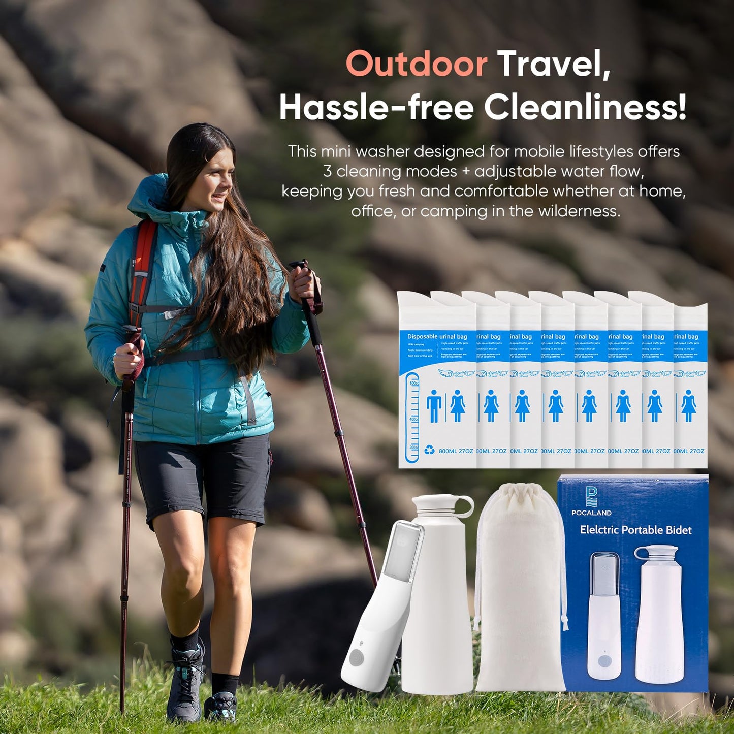 POCALAND Portable Travel Bidet & 8 PCS Disposable Urine Bag, for Women/Men Baby Cleaning, IPX7 Waterproof High Pressure Rechargeable Electric Handheld Bidet for Camping, Traffic Jams (White)