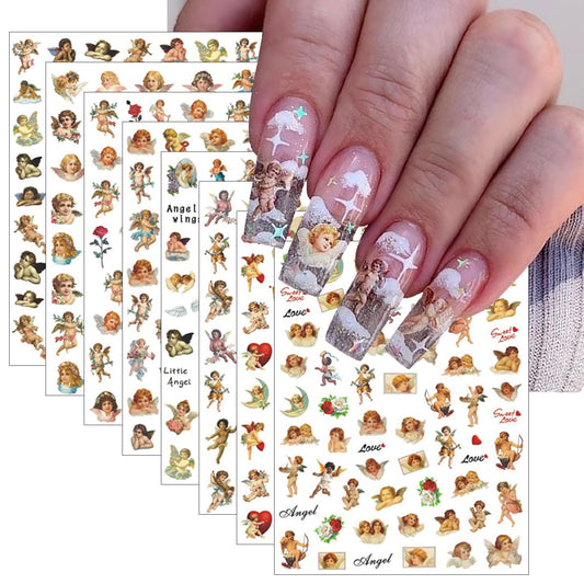 8 Sheets Angel Nail Art Stickers 3D Self-Adhesive Rose Flowers Nail Stickers Decals Cupid Love Heart Wings Nail Art Design Stickers Valentine's for Women Acrylic DIY Manicure Decorations