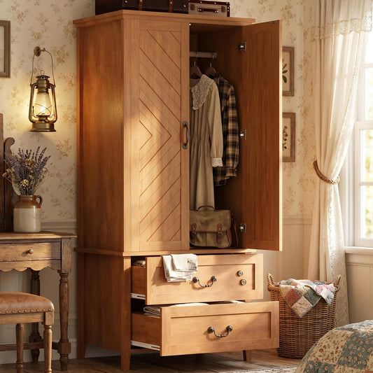 IDEALHOUSE Farmhouse Armoire Wardrobe Closet with Drawers, 71" Tall Freestanding 2 Door Armoire Wardrobe Storage Cabinet with Hanging Rod, Wooden Colthing Closet, V Shape, for Bedroom, Retro Brown