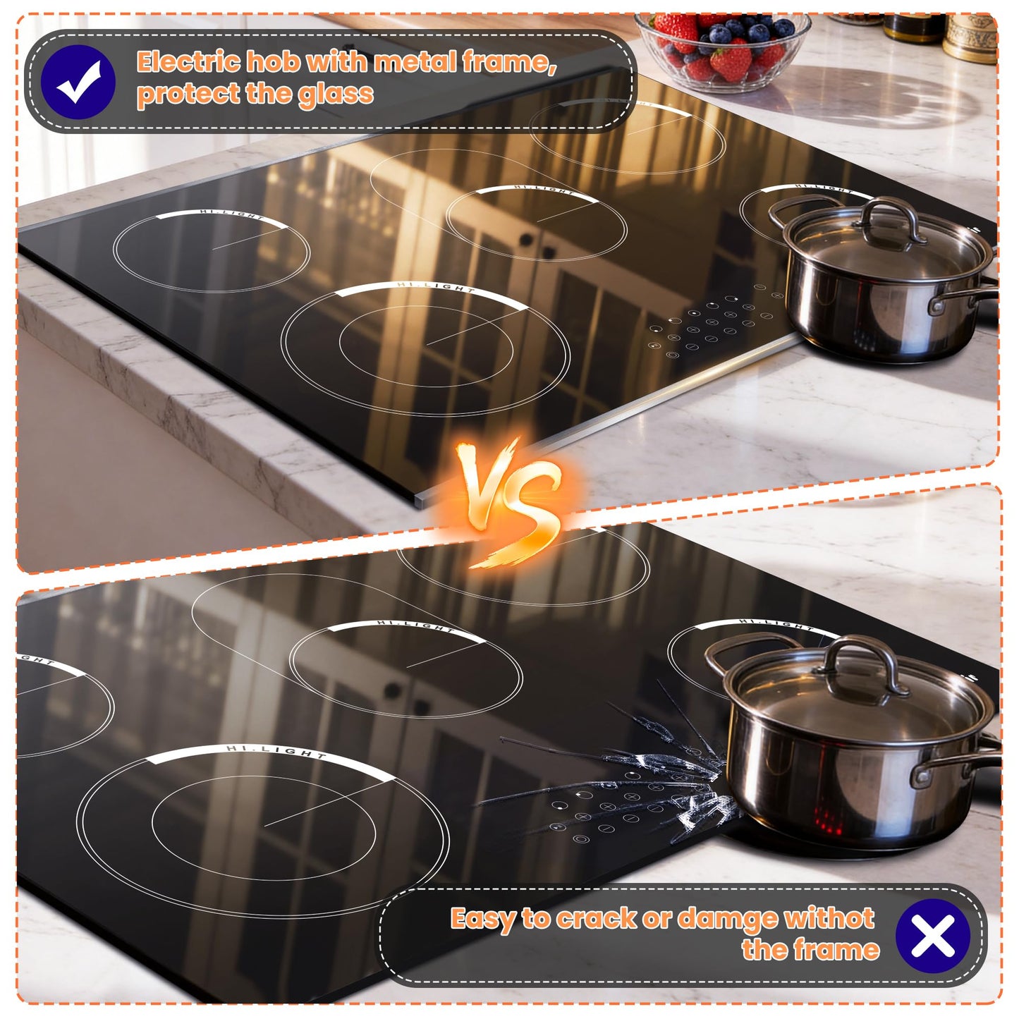 Cooksir Electric Cooktop 30 Inch - 5 Burner Electric Stove Built-in(29.13"x19.3") 8400W High Power, 30 In Ceramic Stove Touch Control with Timer, Safety Lock, Glass Metal Frame, 220-240V Hard Wired