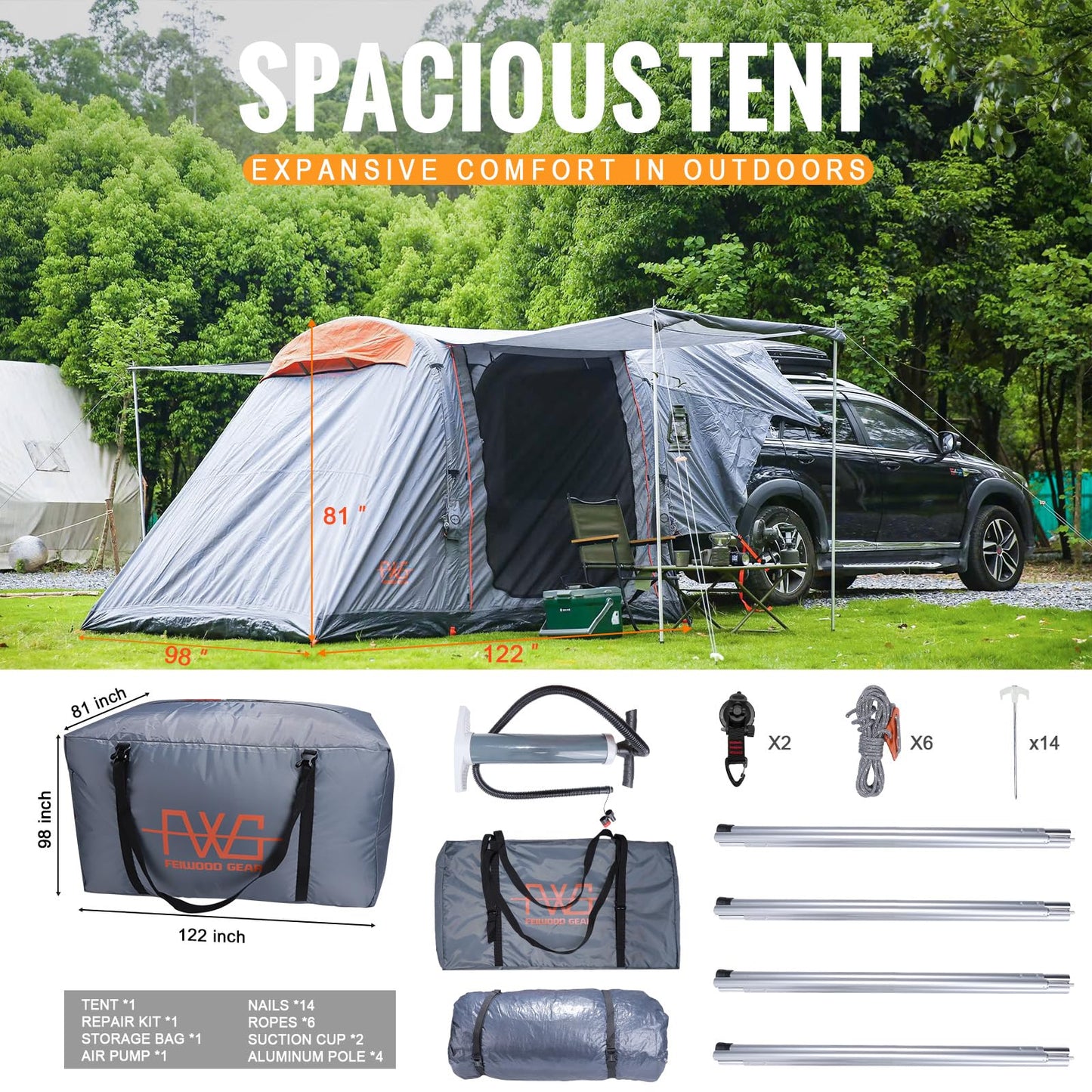 FEIWOOD GEAR Inflatable SUV Tent for Camping, Waterproof Car SUV Tent for 4-6 Person Camping Easy Set Up Inflatable with 4pc Aluminum Support Pole, Inflatable Pump
