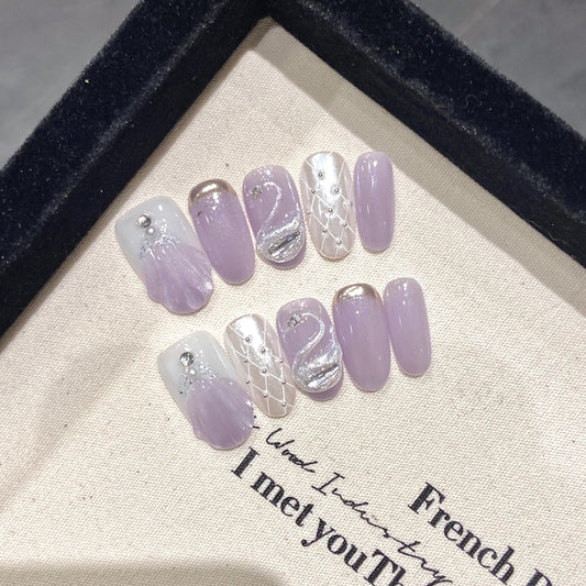 NLSJMP Handmade Nails Press on,Luxury glitter pearl purple white silver rhinestone Design Nail Art Kit,Acrylic Fake Nails Kit,Reusable False nails,Include Toolkit,10pcs,Size M，#1991