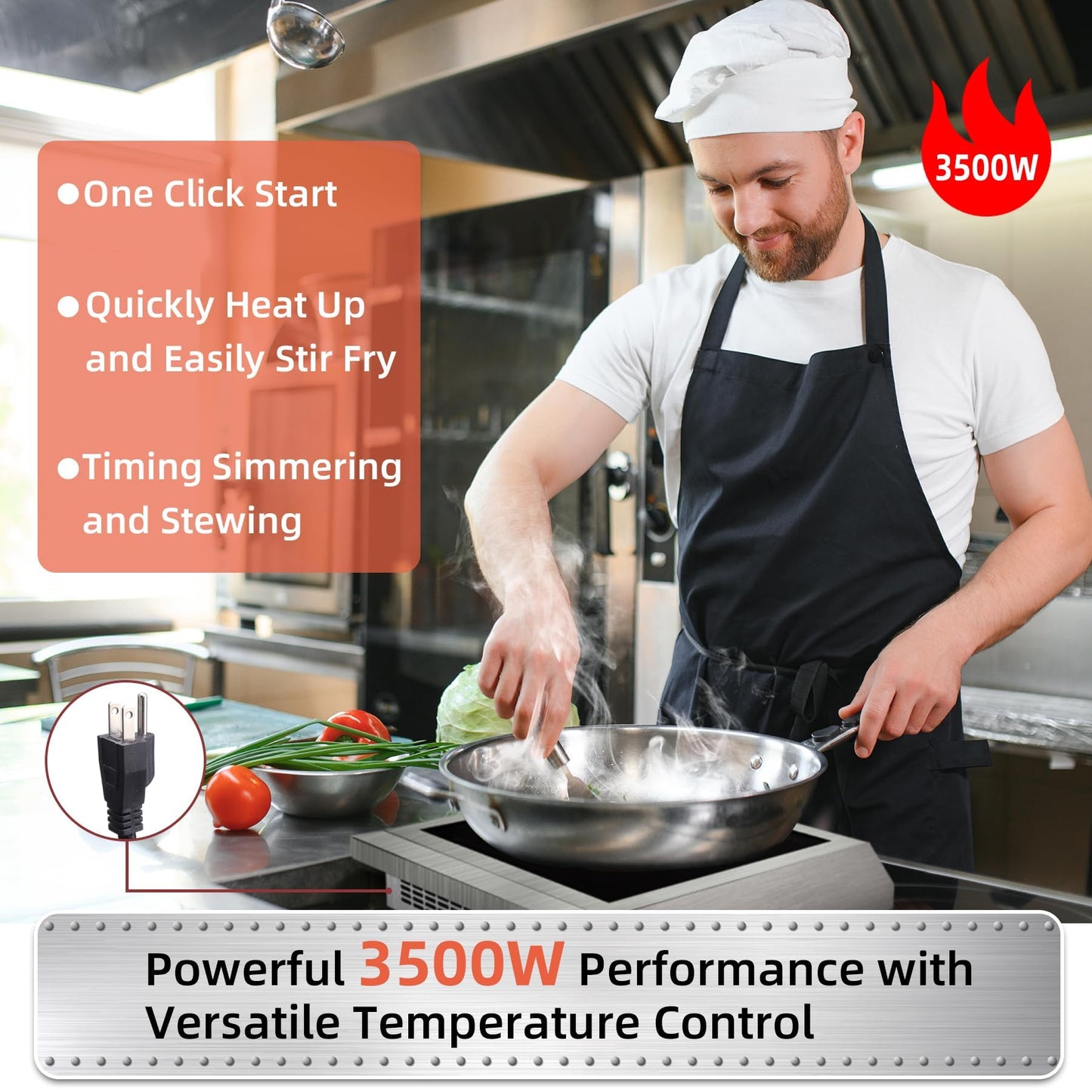 HeroInduct Portable Induction Cooktop 208-240V 3500W Commercial Range Countertop Burner Dual IGBT Modules 8 Heating Level Timer Sensor Push-Button Premium Stainless Steel Housing Ceramic Glass（Black）