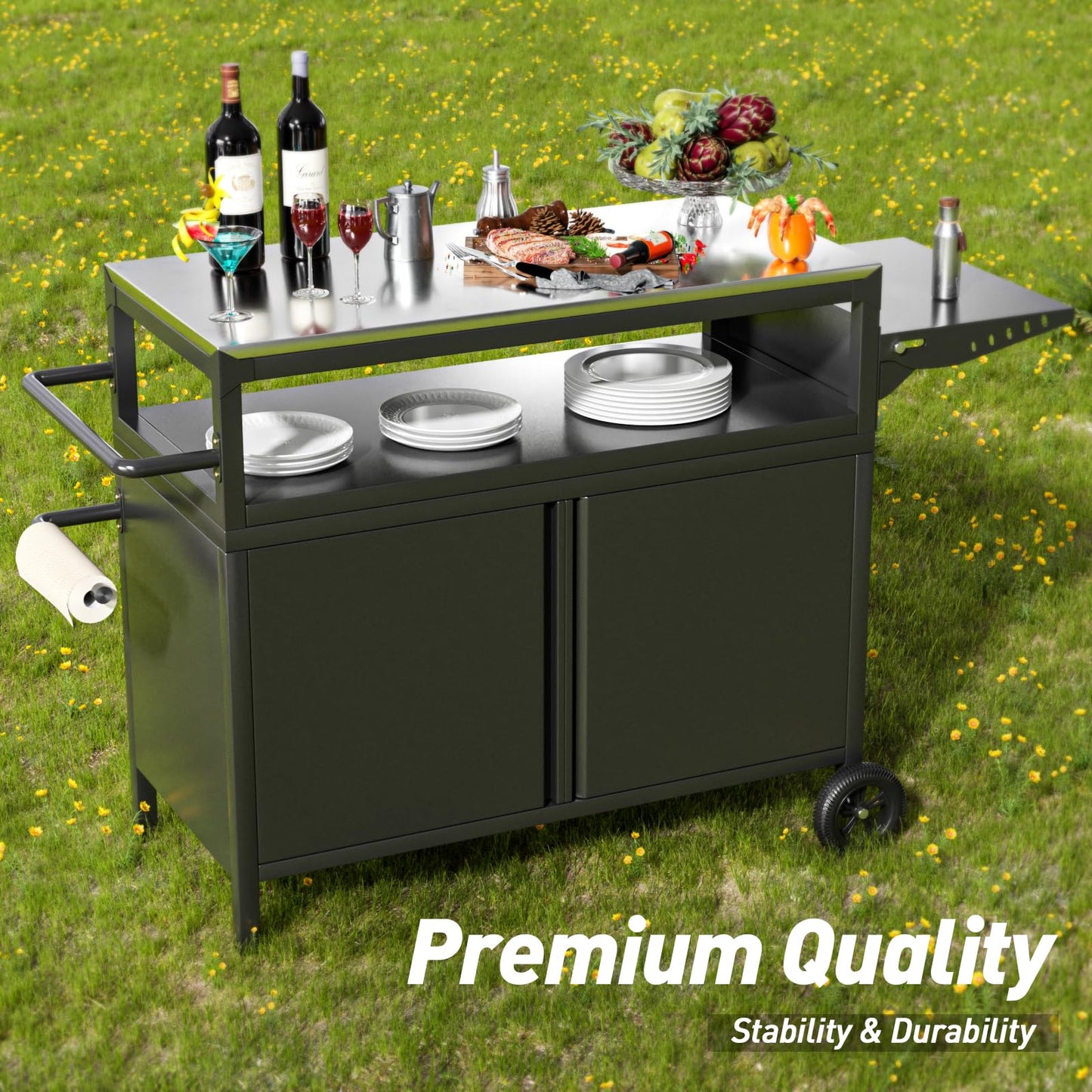 MUHYHY Outdoor Grill Table with Storage, Movable Outdoor Grill Cart, Stainless-Steel Tabletop Outdoor Kitchen Island, Patio Kitchen Island BBQ Cart with Wheels for Home BBQ Backyard Party
