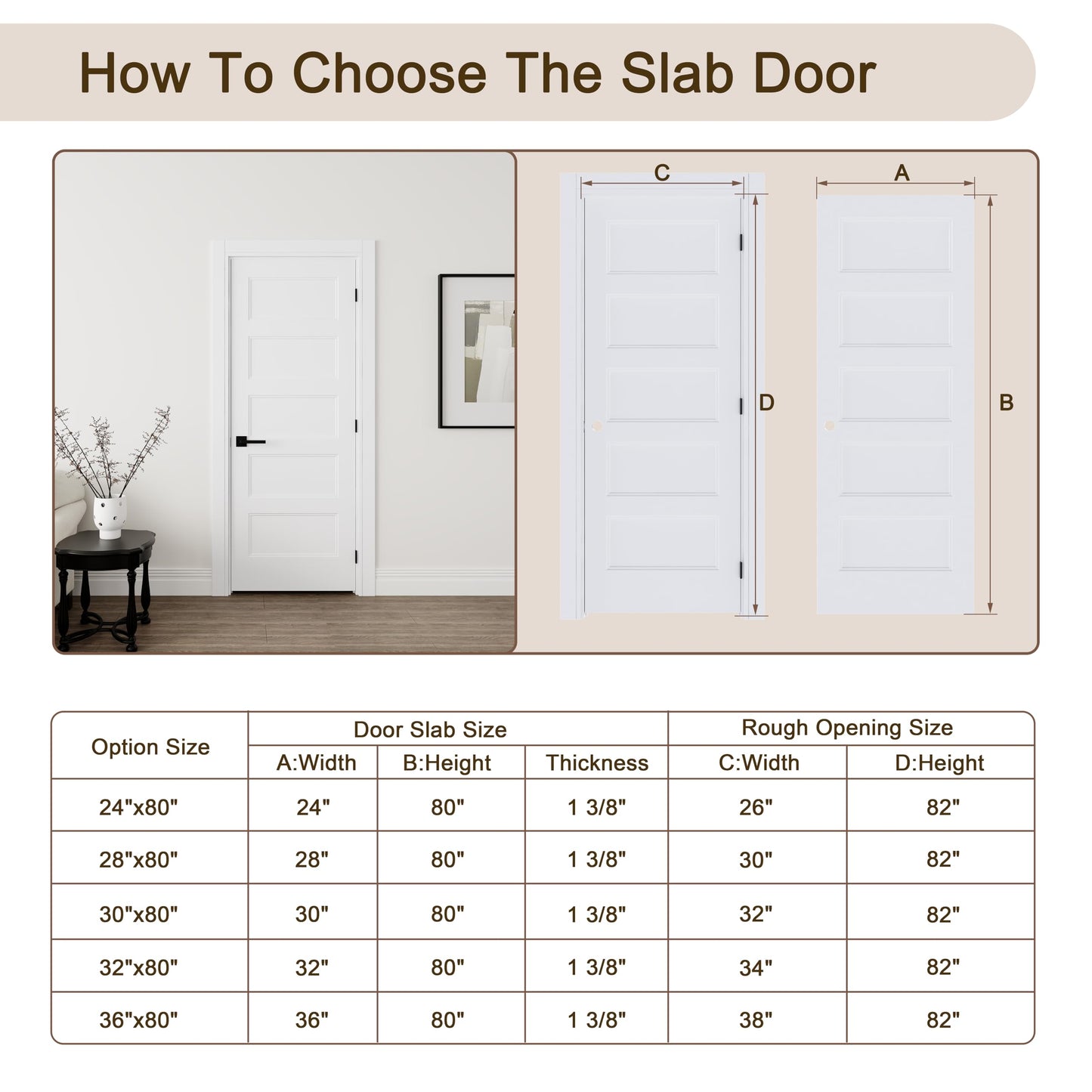 JUBEST 32"x80" Left-Hand Prehung Interior Door with Knock Down Jamb Kit & Matte Black Hinges, 5-Panel White Primed Hollow Core Molded Door Slab with Bore & Hinge Cutout, Durable & Sturdy, No Handle