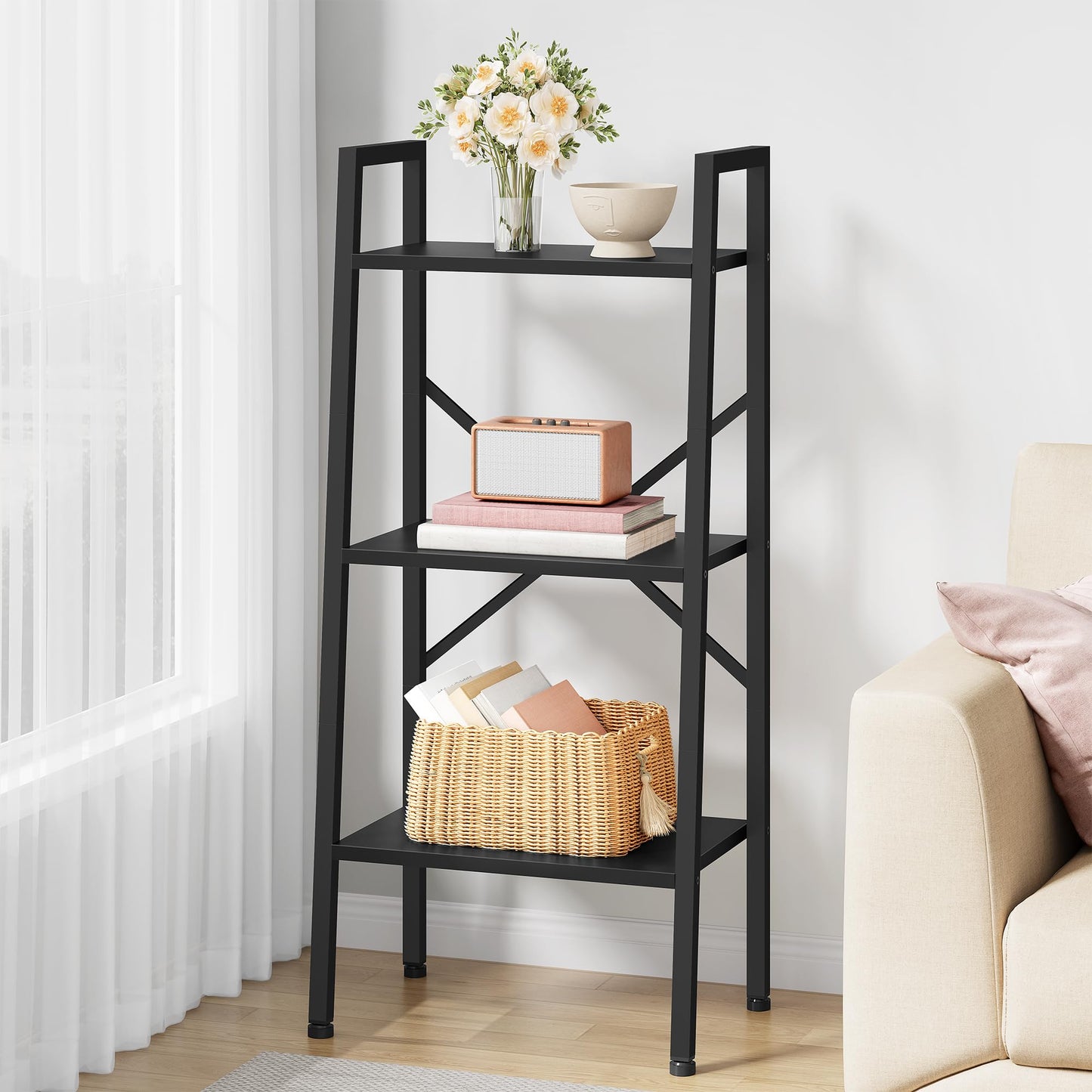 Hoctieon 3-Tier Industrial Ladder Bookshelf, Narrow Ladder Shelf, Tall Standing Bookshelf, Skinny Open Ladder Shelf, for Living Room, Home Office, Kitchen, Bedroom, Metal Frame, Black