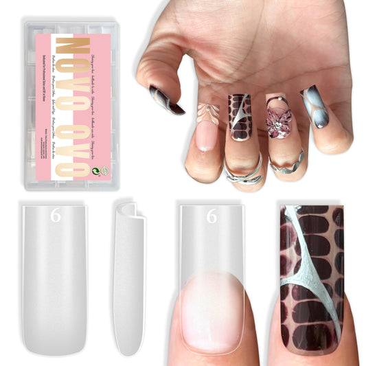 NOVO OVO Sharp Square Medium Nail Tips Press on, Natural (Not Sculpted) No C Curve Soft Gel Double Matte Clear Fake Nail Extension,Full Cover False Nails for Salon DIY Manicure x 15 Sizes 180 pcs