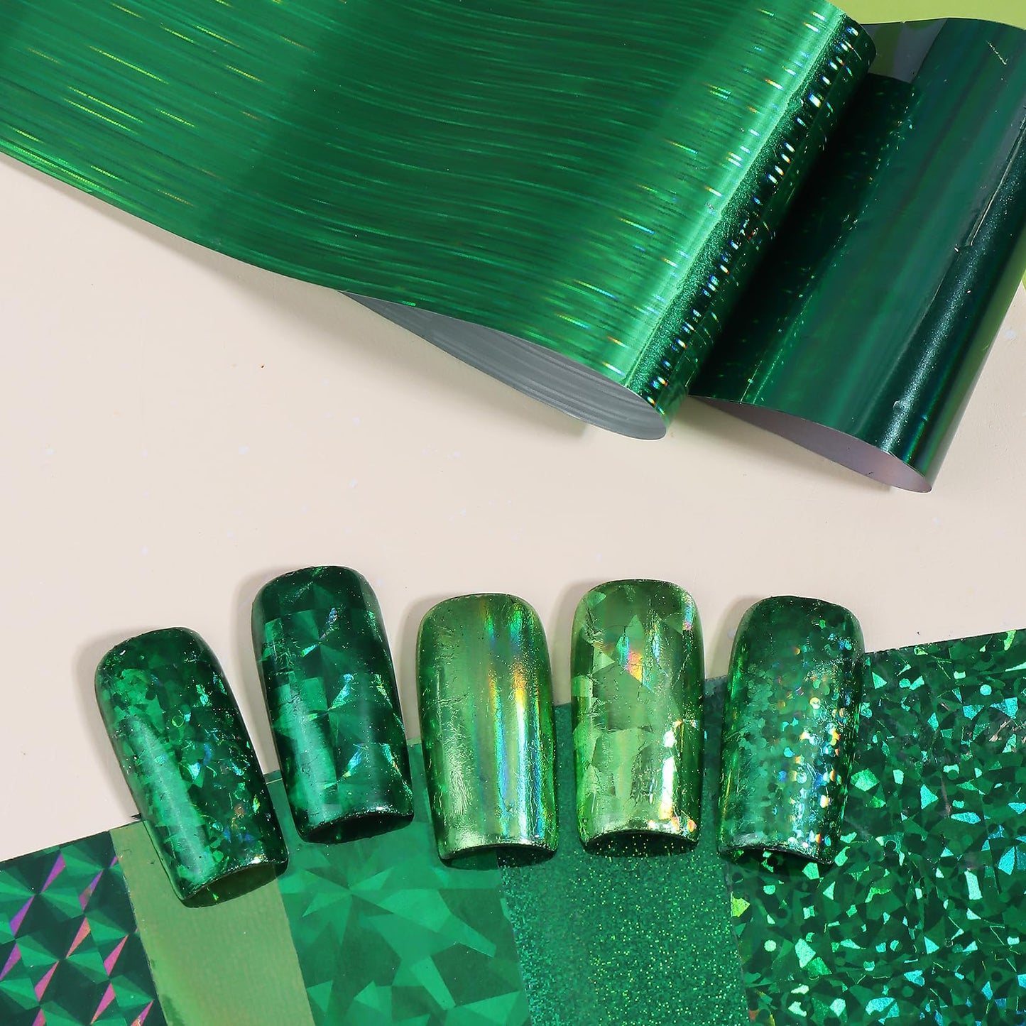 Green Holographic Nail Foil Transfer Nails Art 20PCS St. Patrick's Day Nail Foil Sheets Laser Geometric Iridescent Green Nail Design Stickers Decals DIY Starry Paper Manicure Supplies