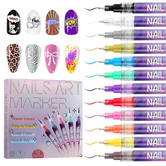 12 Colors Nail Art Pens Set, DIY Nail Art Marker Drawing Painting Liner Pen, Waterproof and Quick-drying Nail Polish Pens for Graffiti Dotting Drawing Painting Point Liner
