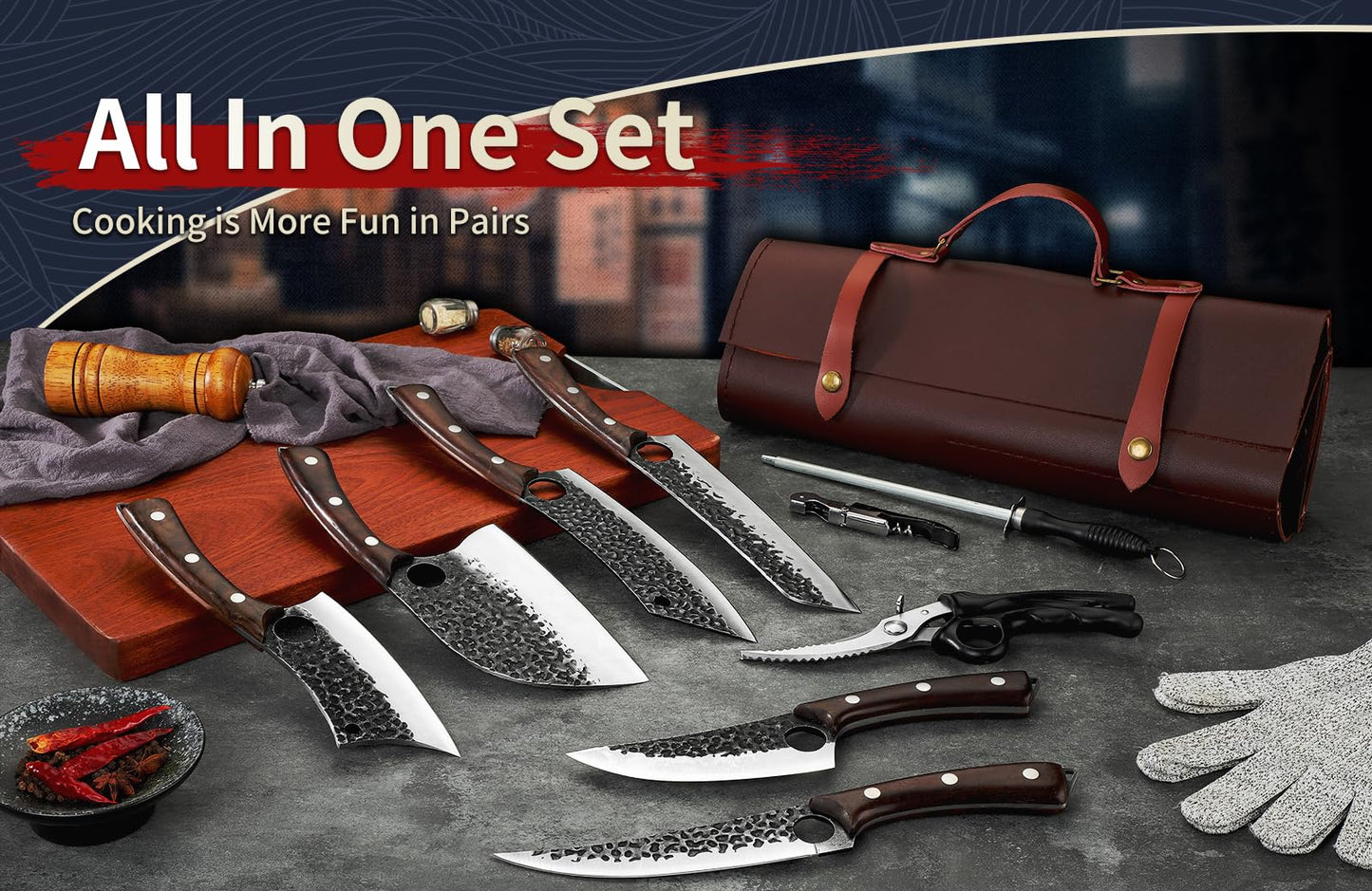 Serbian Chef Knife Set, Gift for Dad, Hand Forged Knife Set with Bag, Full Tang Kitchen Knife Set with High Carbon Steel, Meat Cleaver Butcher Boning Knife for Brisket Trimming