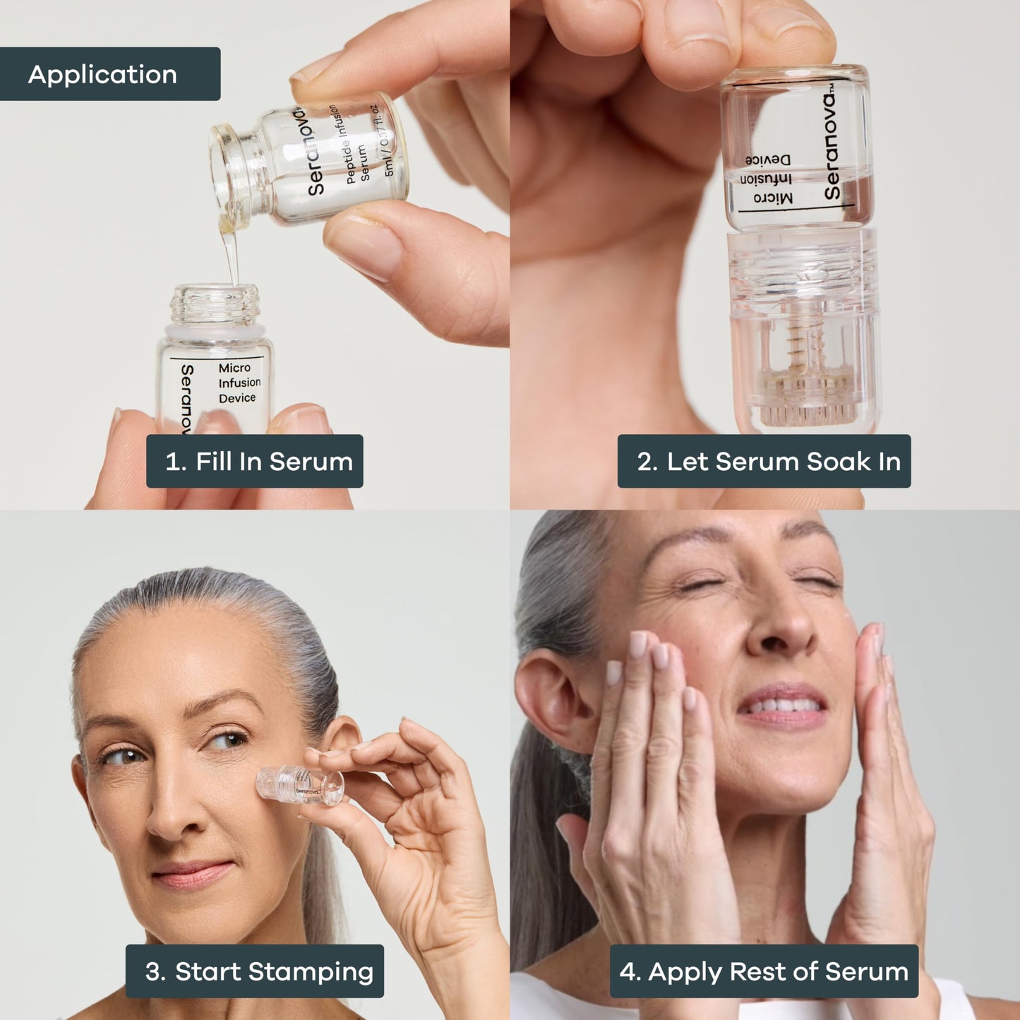 Seranova Micro Infusion System for Face & Neck 0.05mm Stamp with Hyaluronic Acid & Collagen Peptide Serum for Firmer Smoother-Looking Skin, Easy 5-Minute At-Home Skin Care Application - 3 Month Supply
