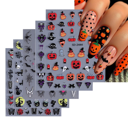 Halloween Nail Stickers Ghost Skeleton Nail Art Stickers 3D Self-Adhesive Butterfly Bow Nail Designs 5D Embossed Coffin Pumpkin Nails Supplies for Women Holiday DIY Manicure 5 Sheets