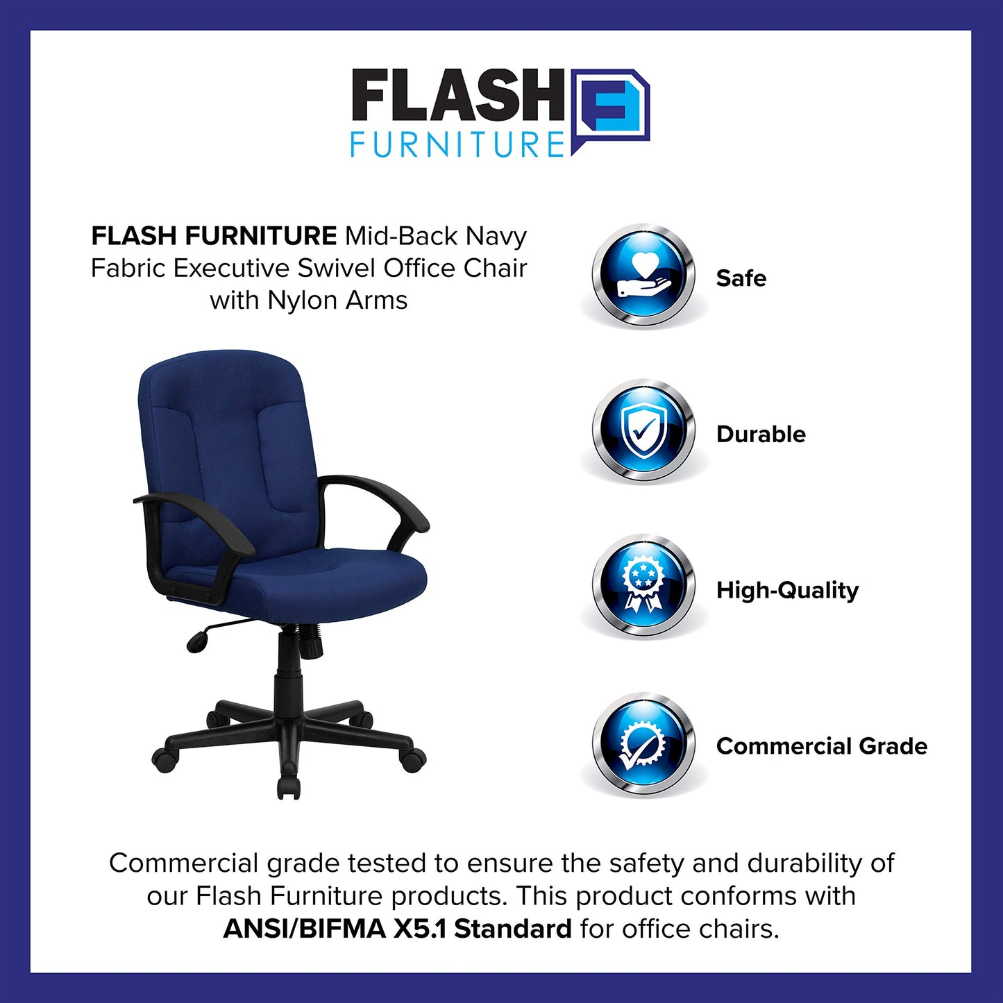 Flash Furniture Garver Mid-Back Navy Fabric Executive Swivel Office Chair with Nylon Arms