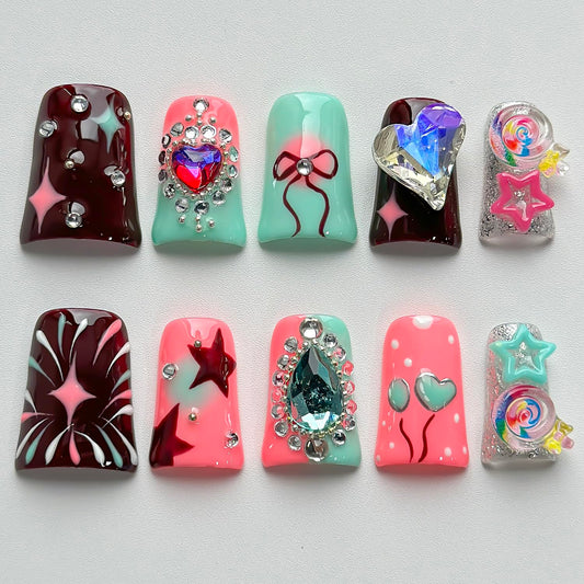 Luxury Press on Nails Short Duck Handmade 3D Unique Reusable ABS Material Fake Nails Pink Cute False Nails with Designs Rhinestones Stars Lollipop Glossy Glue on Nail Thick Acrylic Nail(M)