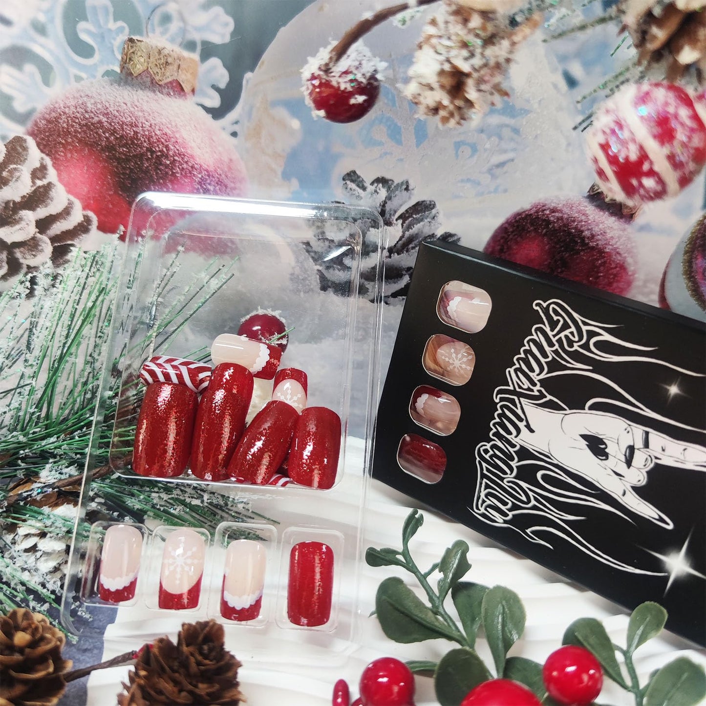 Christmas Medium Square False Nails Snowflake Gel Glue on Nail 24Pcs Christmas Hat Press on Nails French Tips Stick on Fingernails Glossy Red Curve Line Acrylic Fake Nail for Women Xmas Gift