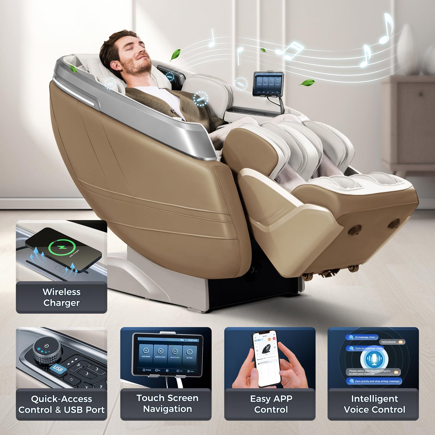 iBooMas P03 4D Zero Gravity Massage Chair,APP Control Massage Chairs Full Body with SL Track,Touch Screen Navigation,Yoga Stretch,Foot Roller,Heat,Airbags,Wireless Charger (Beige)