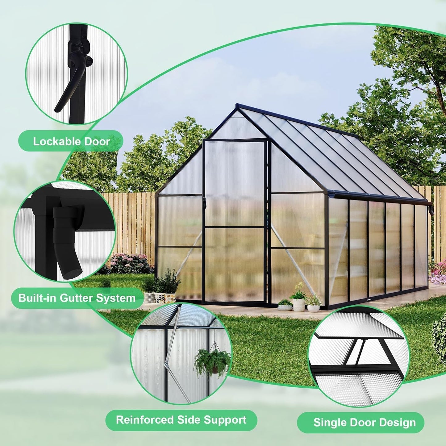 Greenhouse 8x16 FT Aluminum-Framed Heavy Duty Polycarbonate with Quick Setup Structure and Roof Vent Large Enhanced Outdoors Green House Kit