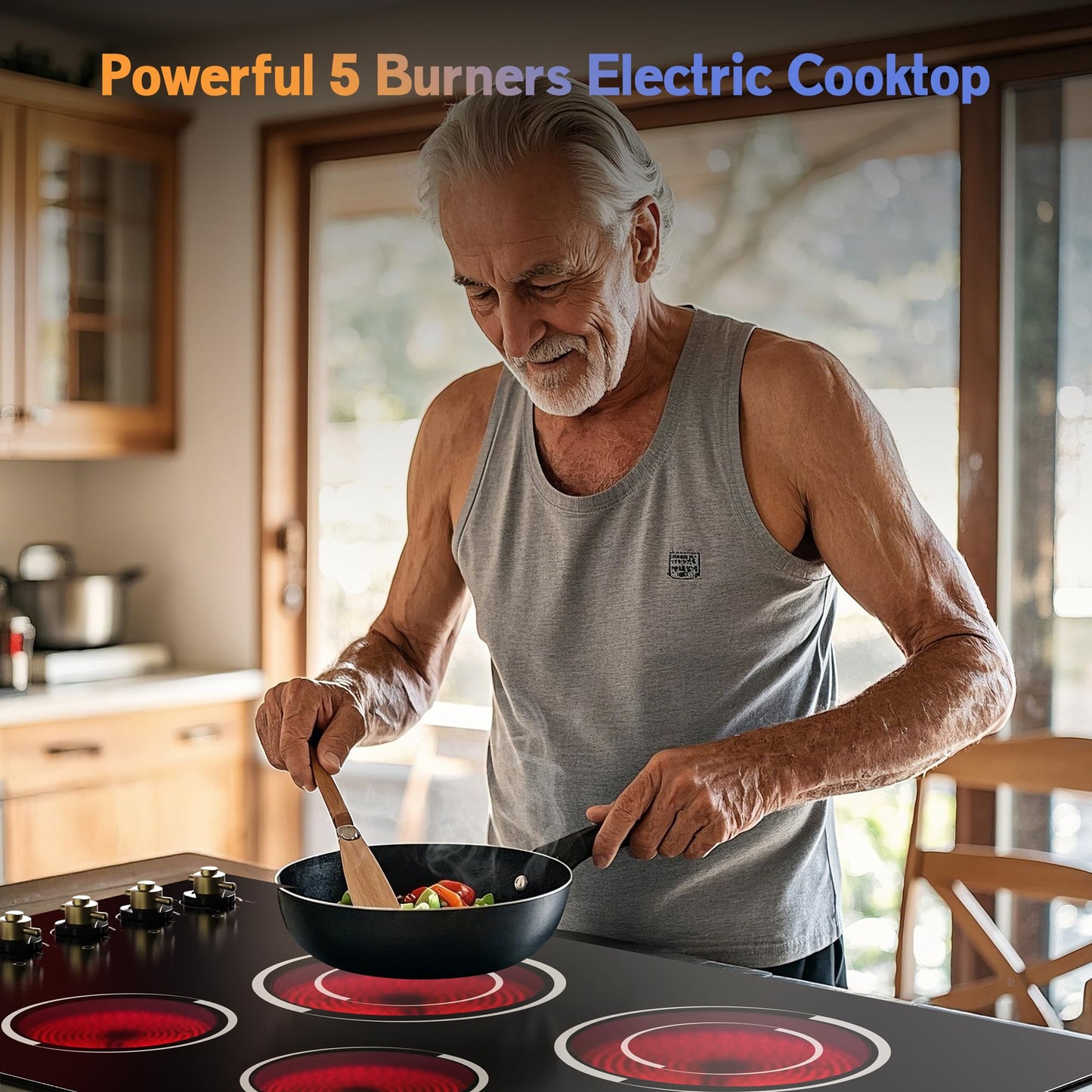 Jessier Electric Cooktop 36 Inch - Drop-in(34.25"x19.3") 5 Burner Electric Stove Top 8400W High Power, 36" Ceramic Cooktop Stove with Knob Touch, Dual Ring, Overheat Protection, 220-240V Hard Wired