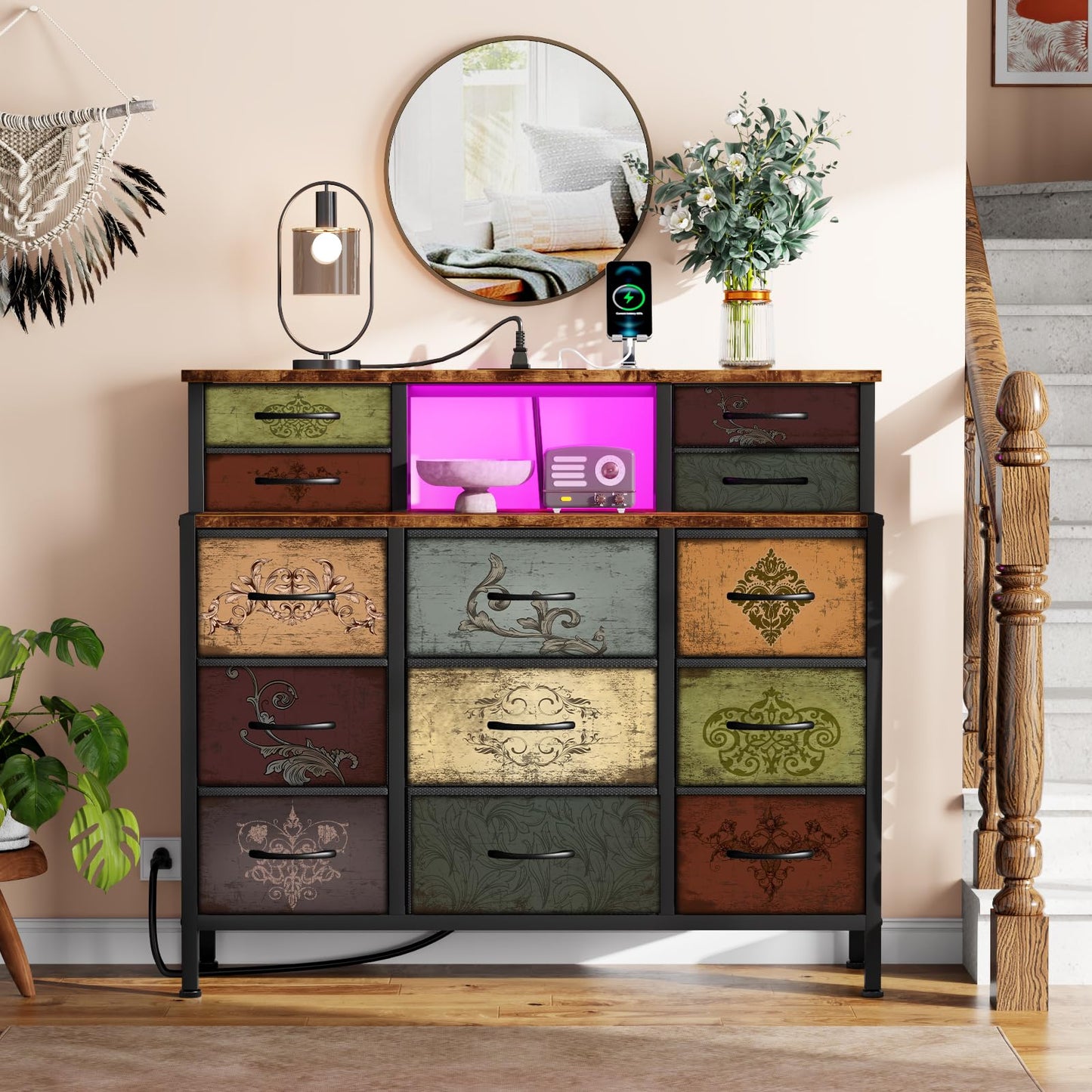 VASICAR Dresser for Bedroom with 13 Drawers 2 Open Shelves, Fabric Storage Dresser, Chest of Drawers, Pattern Organizer for Closet, Bedside, Living Room, Entryway, Hallway