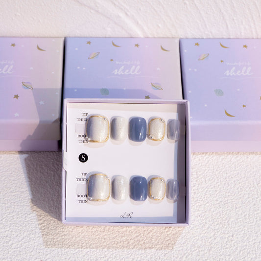 Light Rain Short Press on Nails - Jeans, 3D Handmade Blue and White Reusable Gel UV Finished False nails, Hand-Painted Fake Nails with Design by Professional Manicurist, Short Square, Large Size