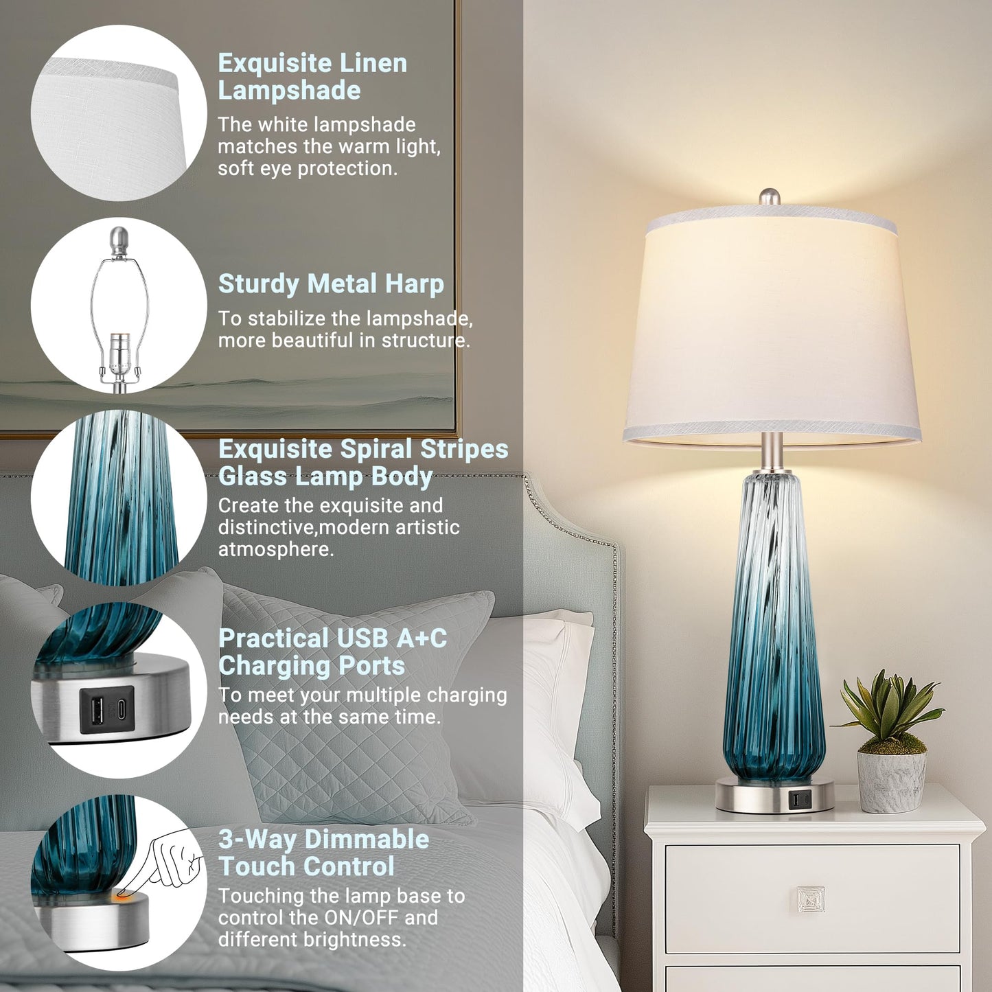 Table Lamps Set of 2 with Touch Control, Modern Glass Bedside Lamps with USB A+C Ports, 3-Way Dimmable Nightstand Lamp with White Fabric Shade, 27.5" Large Lamps for Living Room Bedrooms Decorations