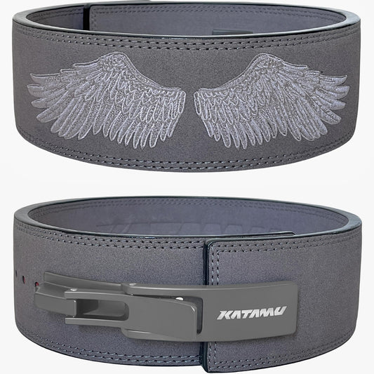 Katamu Grey Wings USPA & IPL Approved Lever Belt — Premium 10mm and 13mm Leather Powerlifting Belt for Men and Women, Steel Lever Buckle, 4 Inch Back Support for Deadlifts