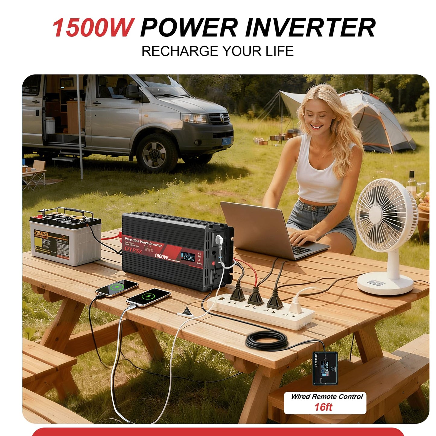 OYPSX 1500W Power Inverter 12V to 110V 120V AC Pure Sine Wave Inverter for RV Truck Camping,Outdoor Off-Grid Power Converter with LCD Display,Wired Controller,AC Outlets USB Ports (12V-1500Watt)