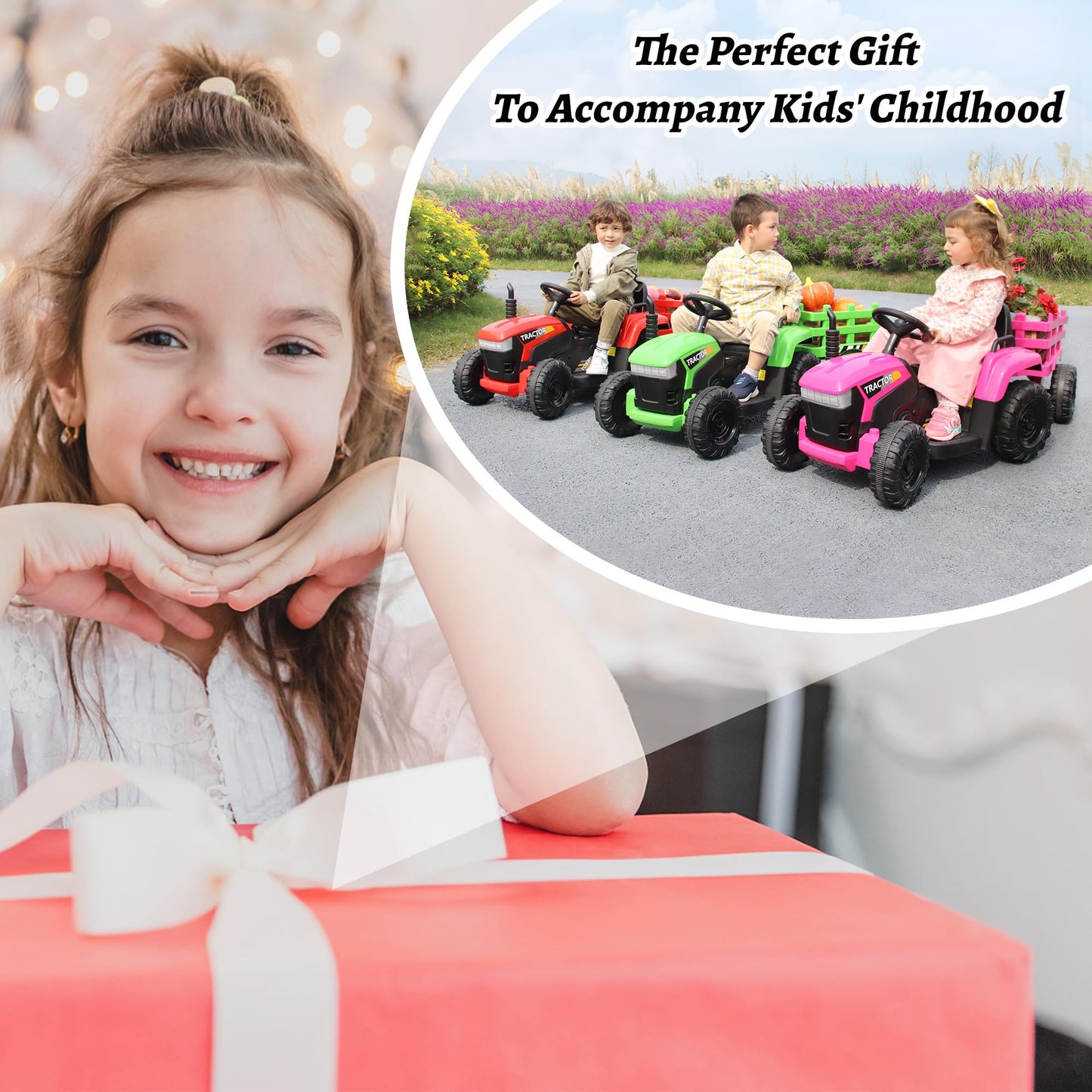 TOBBI Kids Electric Ride On Toy Tractor, Toddlers 12V Battery-Powered Car to Drive, 35W Dual Motor 6-Wheels Trailer Vehicle with 3-Speeds/LED & Horn Functions for Chirdren Aged 3-6-Pink