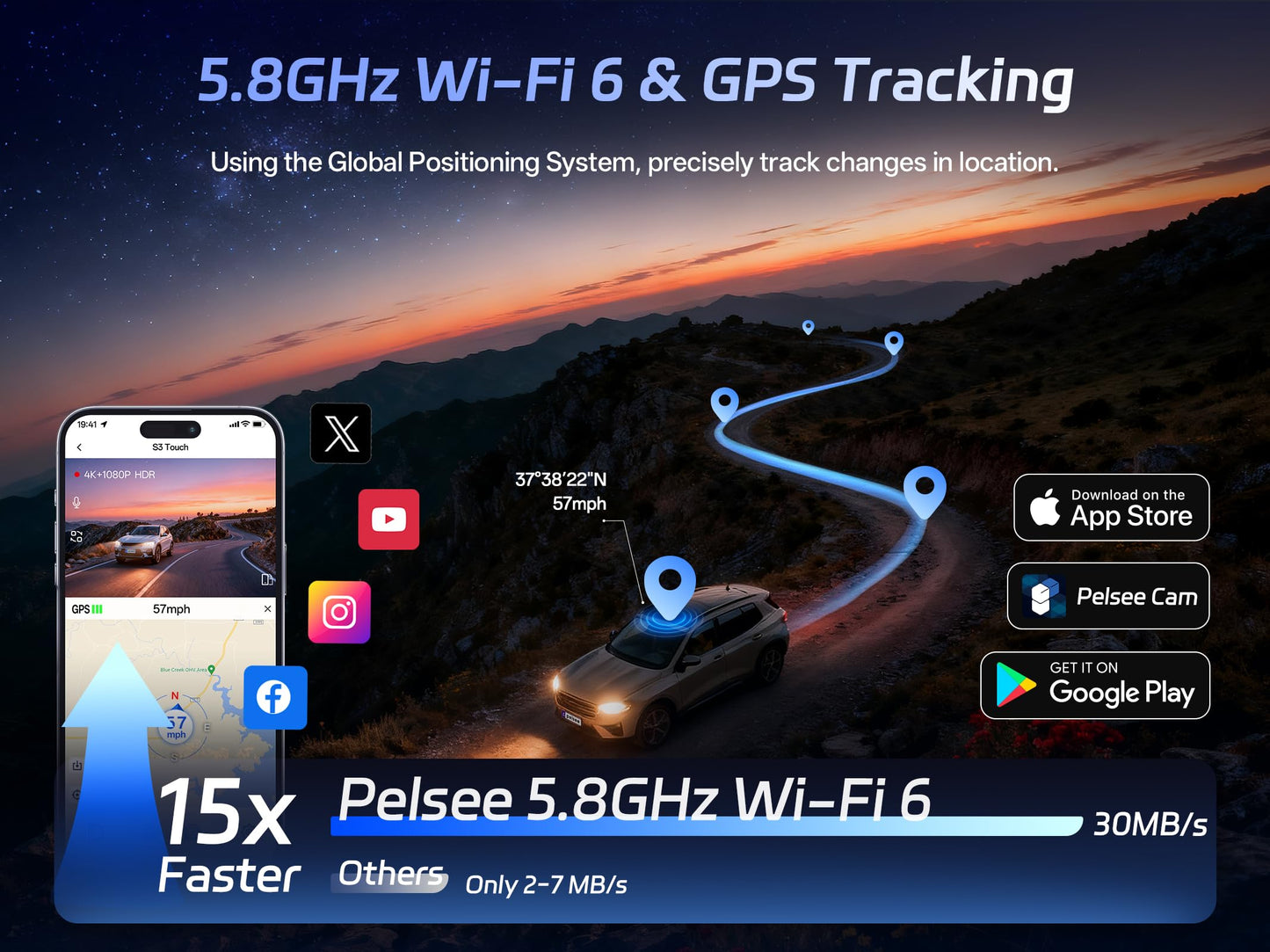 Pelsee S3 Touch 4K Dash Cam Front and Rear, STARVIS 2 Sensor, STARLIT™ Full Color Night Vision, 128GB Card, WiFi 6, ADAS, Dash Camera for Cars with 3.39"IPS Screen, Voice Control, 24H Parking Mode GPS