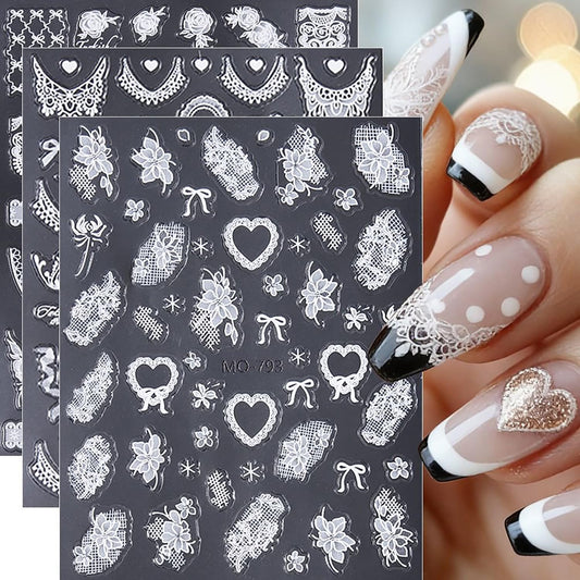 CJDLTS 3 Sheets White Lace Flower Nail Art Stickers 3D Self -Adhesive Lace Love Heart Bow Nail Decals Holographic Laces Rose Flower Nails Stickers for Women Acrylic Nails Decoration Supplies