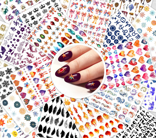 Ornament Heart Ribbon ~ 20 Sheets Nail Stickers ~ Hearts Ribbons gems Zodiac Symbols Stars and Decorative Motifs Creating Vibrant Festive Manicure Styles and Playful Expressive Nail Art Designs