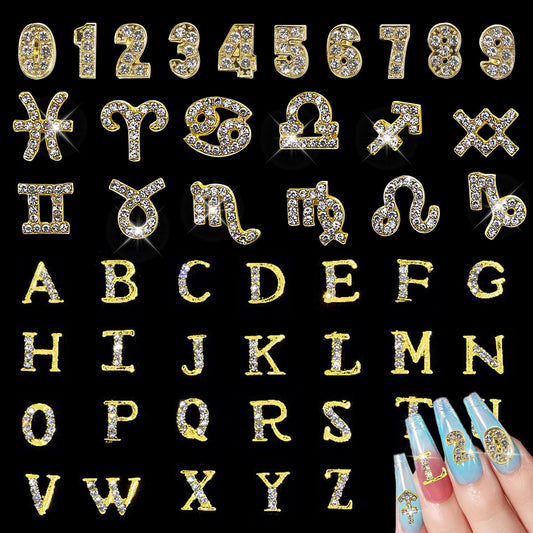 SILPECWEE 48pcs 3d Gold Nail Charms, 12 Zodiac Nail Charms, 10 Number Nail Charms, 26 Letter Nail Charms, Nail Studs Jewels Rhinestones Nail Art Decoration for Acrylic Nails